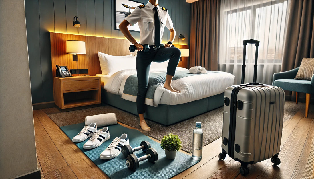 A travel professional working out in a well-lit hotel room, with a bed pushed to the side, dumbbells, a yoga mat, and a water bottle, highlighting how to transform small spaces into functional fitness areas.