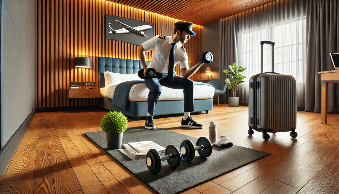 Hotel room transformed into a mini gym with dumbbells and exercise mat, featuring a travel professional working out to stay fit on the go.