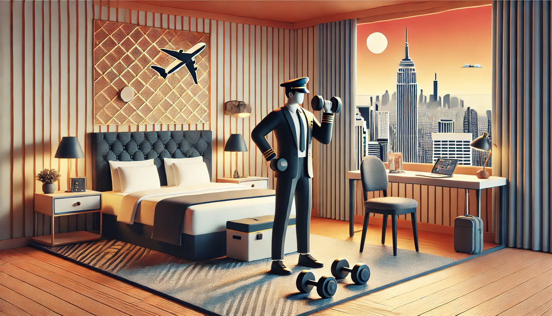 Professional-looking individual, such as a pilot or flight attendant, performing dumbbell exercises in a compact hotel room with city views, demonstrating that fitness routines are achievable in small spaces.