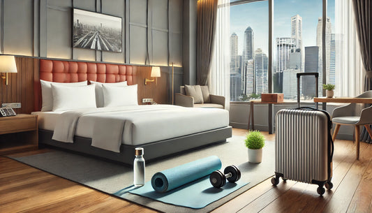 Modern hotel room with a neatly made bed, a window with a city view, and a workout setup including a yoga mat, dumbbells, and a water bottle on the floor.