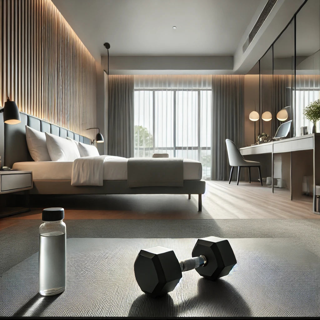 Hotel room interior with dumbbells on a yoga mat and a water bottle, large windows allowing natural light, neatly made bed, and minimalistic decor.