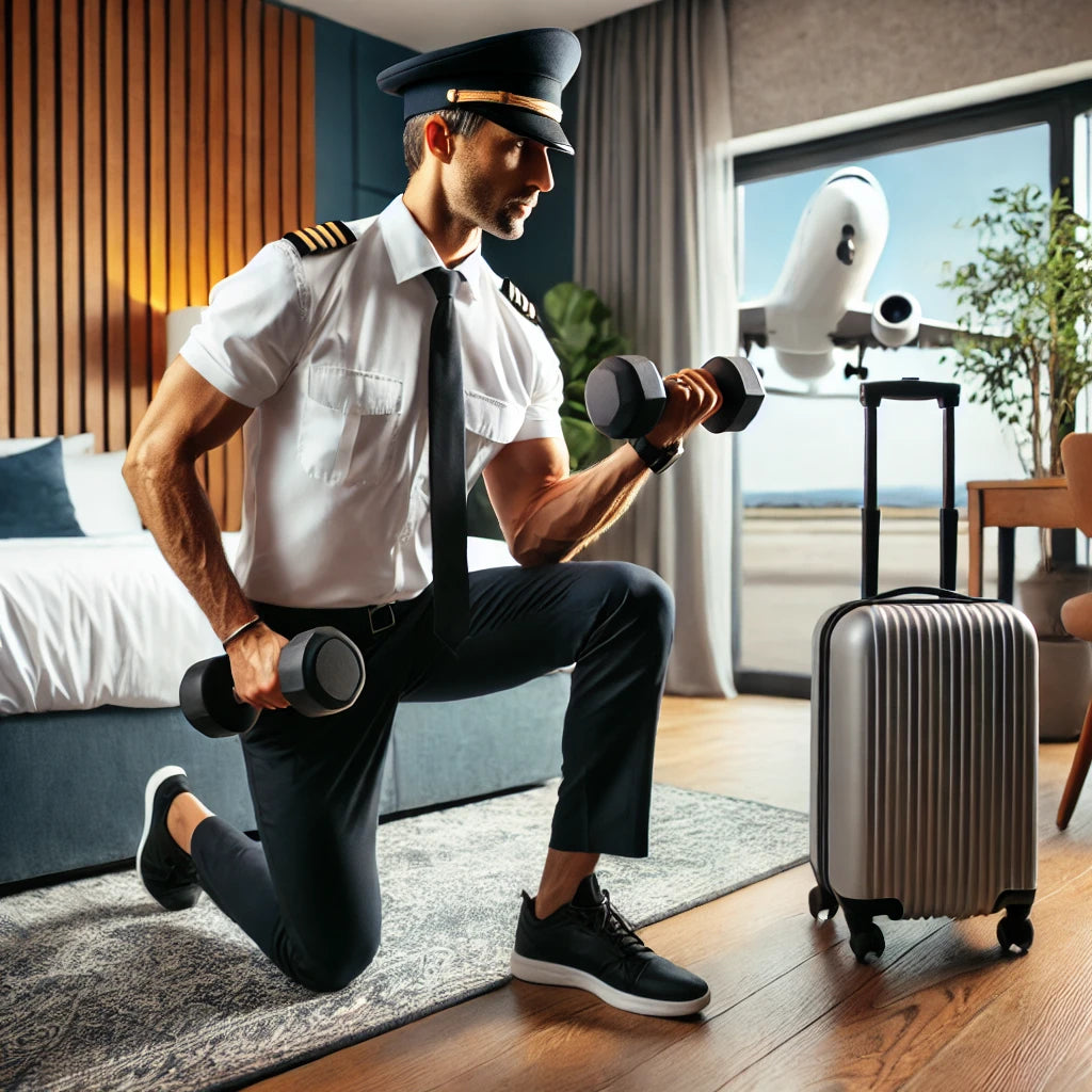 Travel professional performing a dumbbell workout in a hotel room, representing a 3-day-a-week workout plan for busy travelers.