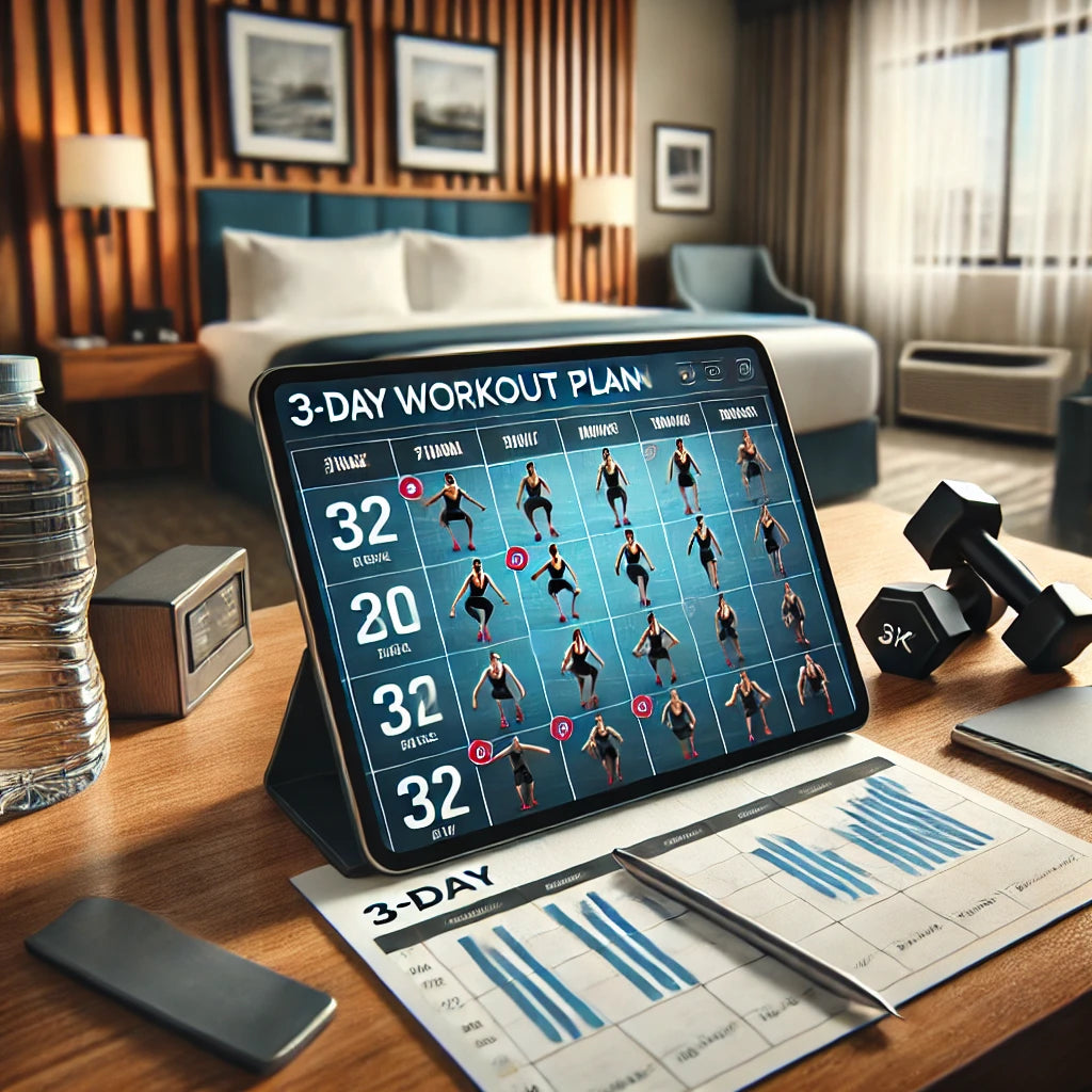 A 3-day workout plan displayed on a tablet in a hotel room, surrounded by a pair of dumbbells and a travel bag, highlighting a compact space ideal for travel nurses and frequent flyers.