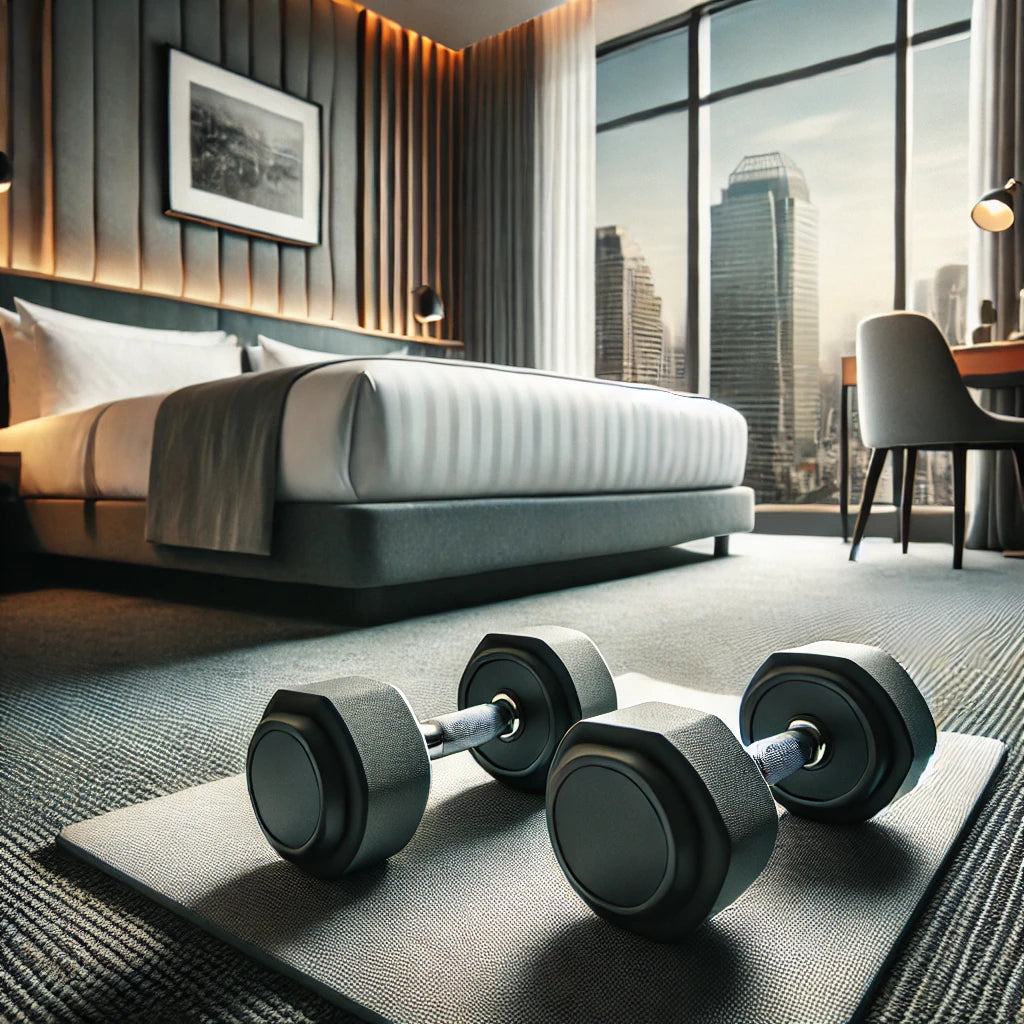 Dumbbells on a workout mat in a modern hotel room with a cityscape view, representing a practical setup for traveling professionals to maintain fitness routines on the go.