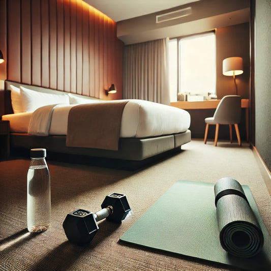 A small hotel room setup for a workout, featuring dumbbells, a yoga mat, and a water bottle near the bed, highlighting the convenience of exercising in limited space for traveling professionals.