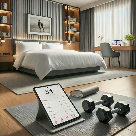 Compact workout setup in a hotel room with dumbbells, a yoga mat, and a tablet displaying a 3-day a week dumbbell workout plan for travelers.