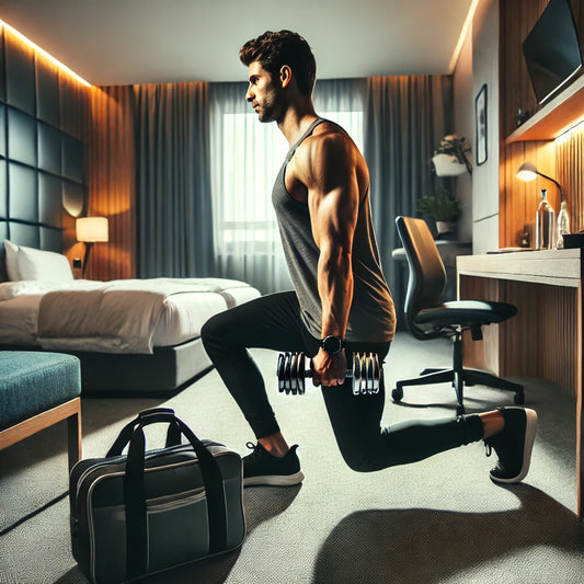 A busy professional in a modern hotel room performing a dumbbell workout, utilizing compact equipment in a small space, ideal for efficient fitness routines while traveling.