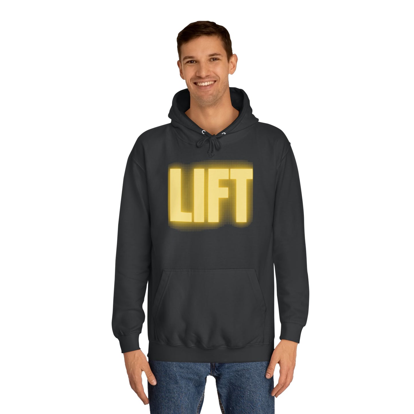 "Lift" Unisex Hoodie Yellow Text Glow by Dumbbells and Hotels