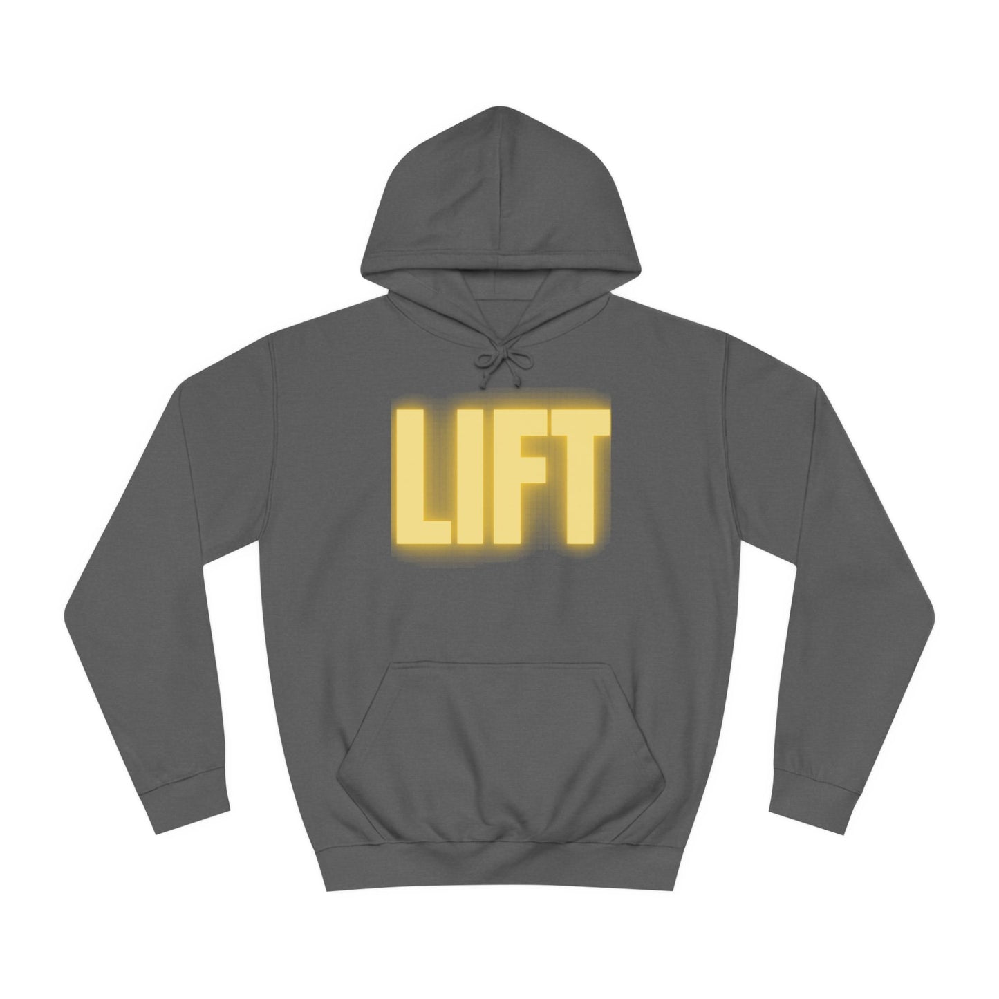 "Lift" Unisex Hoodie Yellow Text Glow by Dumbbells and Hotels