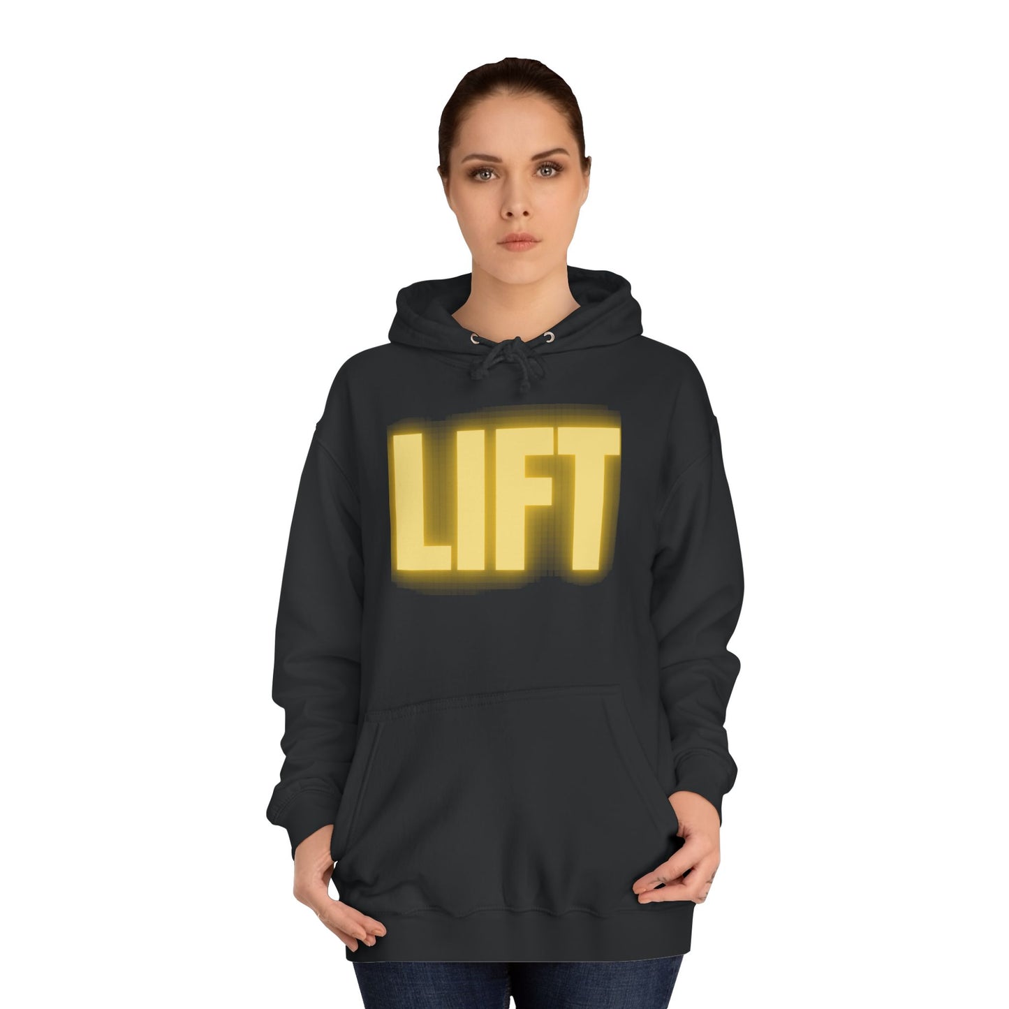 "Lift" Unisex Hoodie Yellow Text Glow by Dumbbells and Hotels