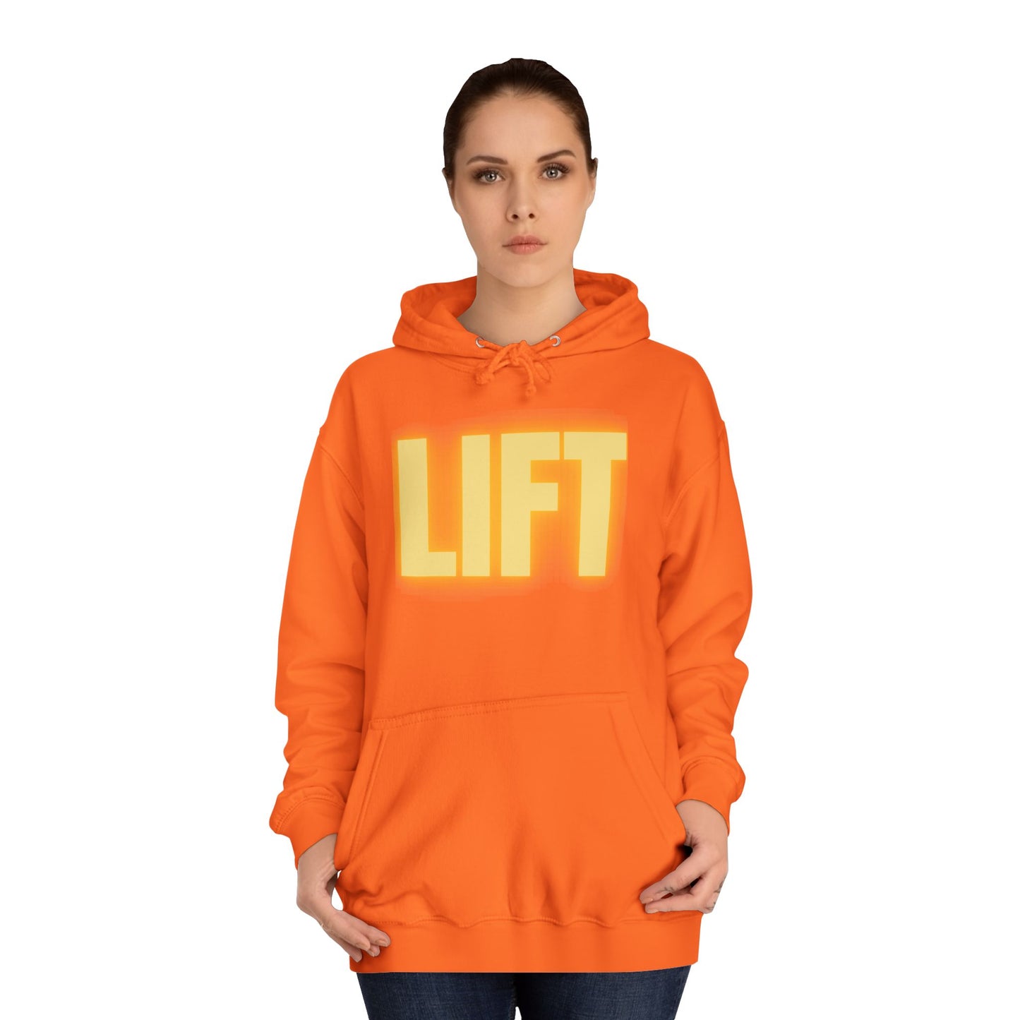 "Lift" Unisex Hoodie Yellow Text Glow by Dumbbells and Hotels