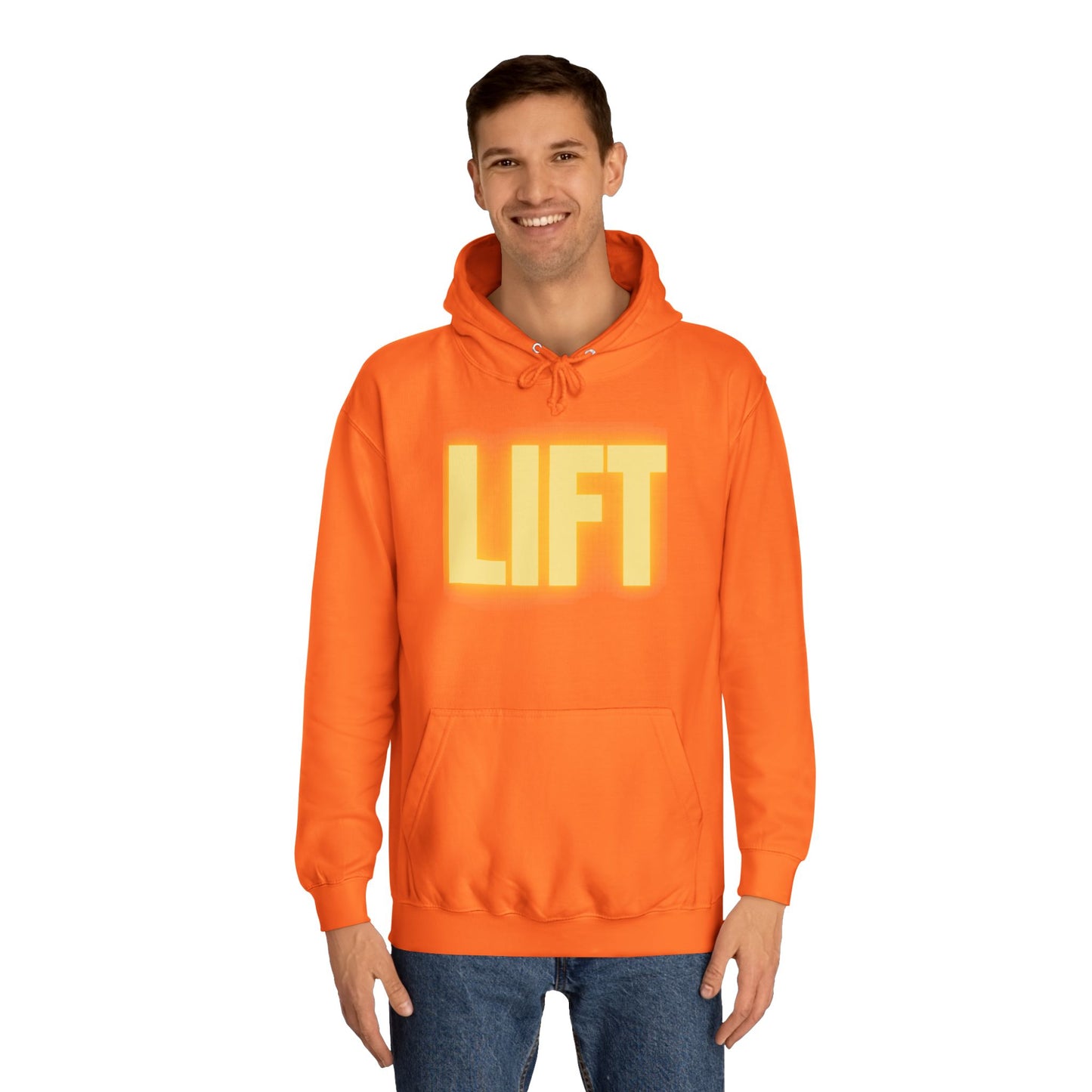 "Lift" Unisex Hoodie Yellow Text Glow by Dumbbells and Hotels