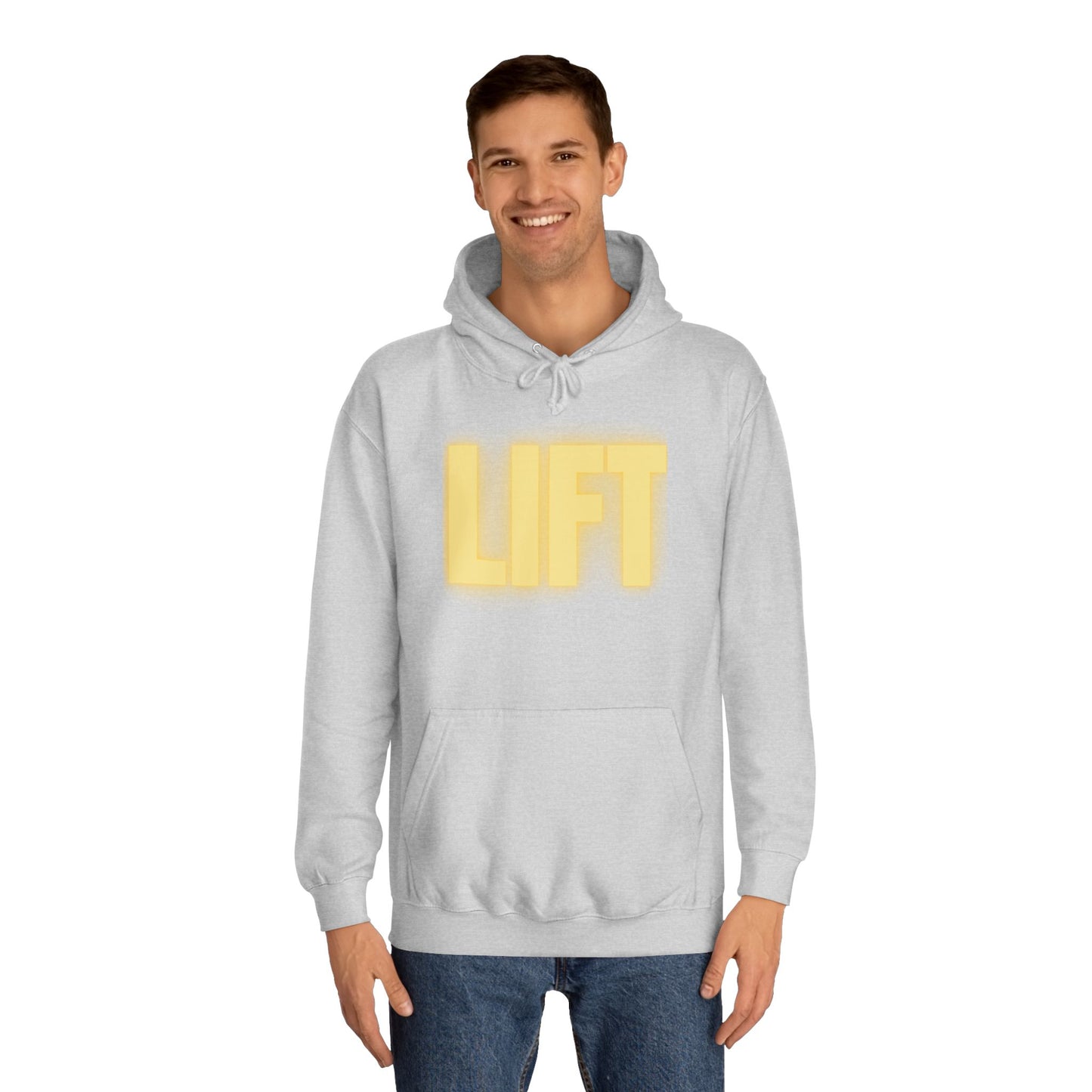 "Lift" Unisex Hoodie Yellow Text Glow by Dumbbells and Hotels