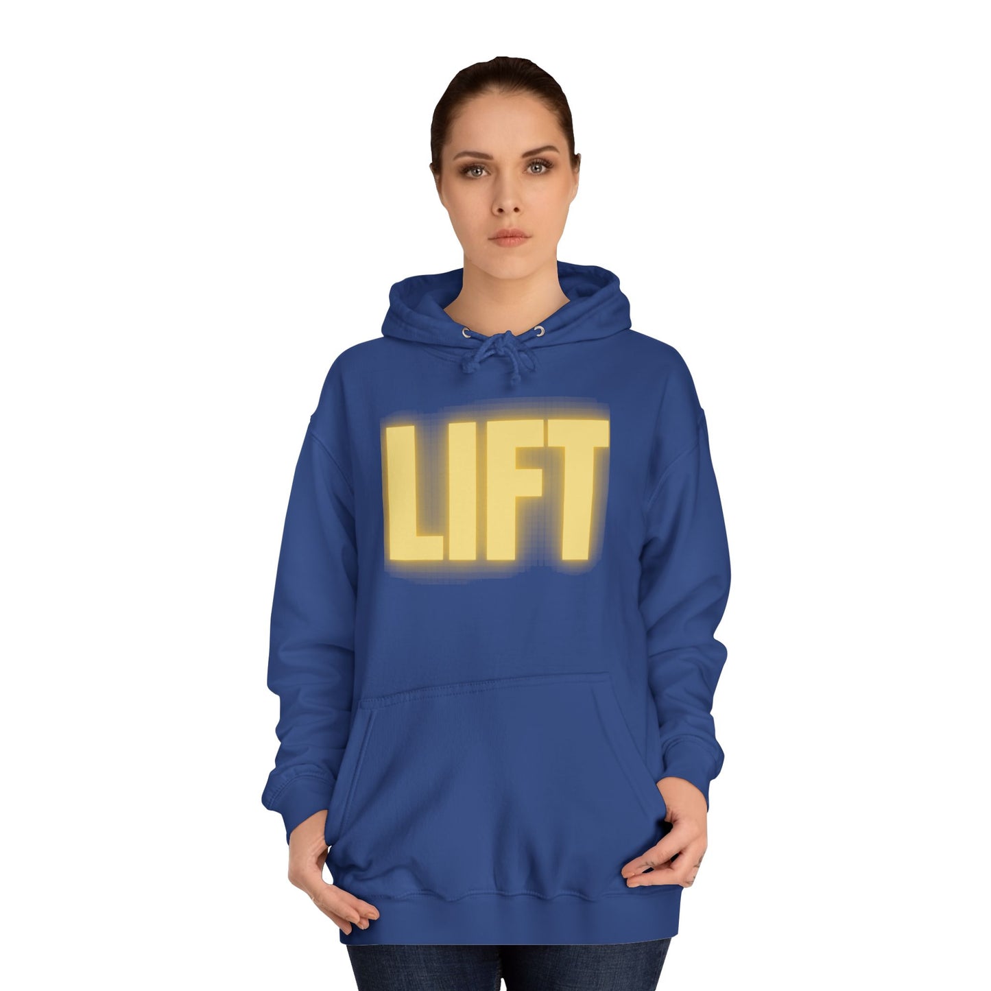 "Lift" Unisex Hoodie Yellow Text Glow by Dumbbells and Hotels