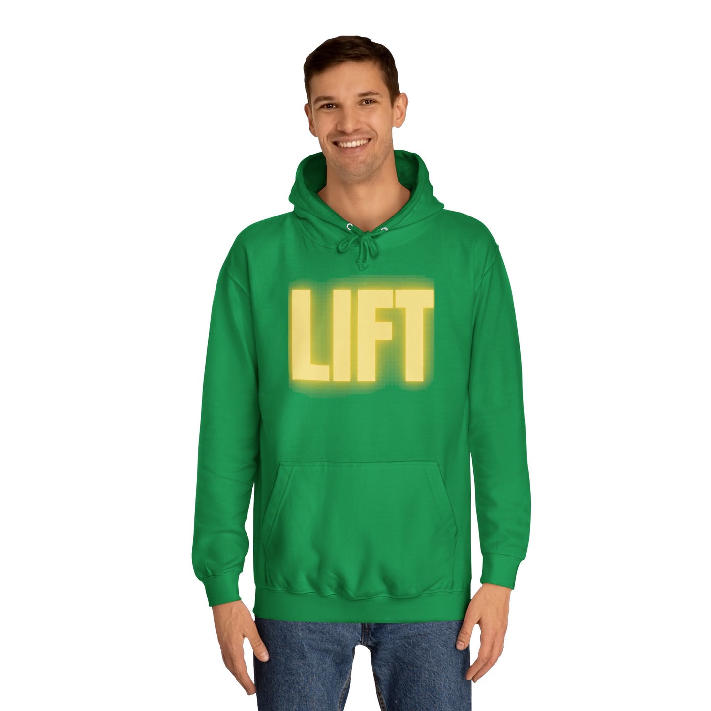 "Lift" Unisex Hoodie Yellow Text Glow by Dumbbells and Hotels