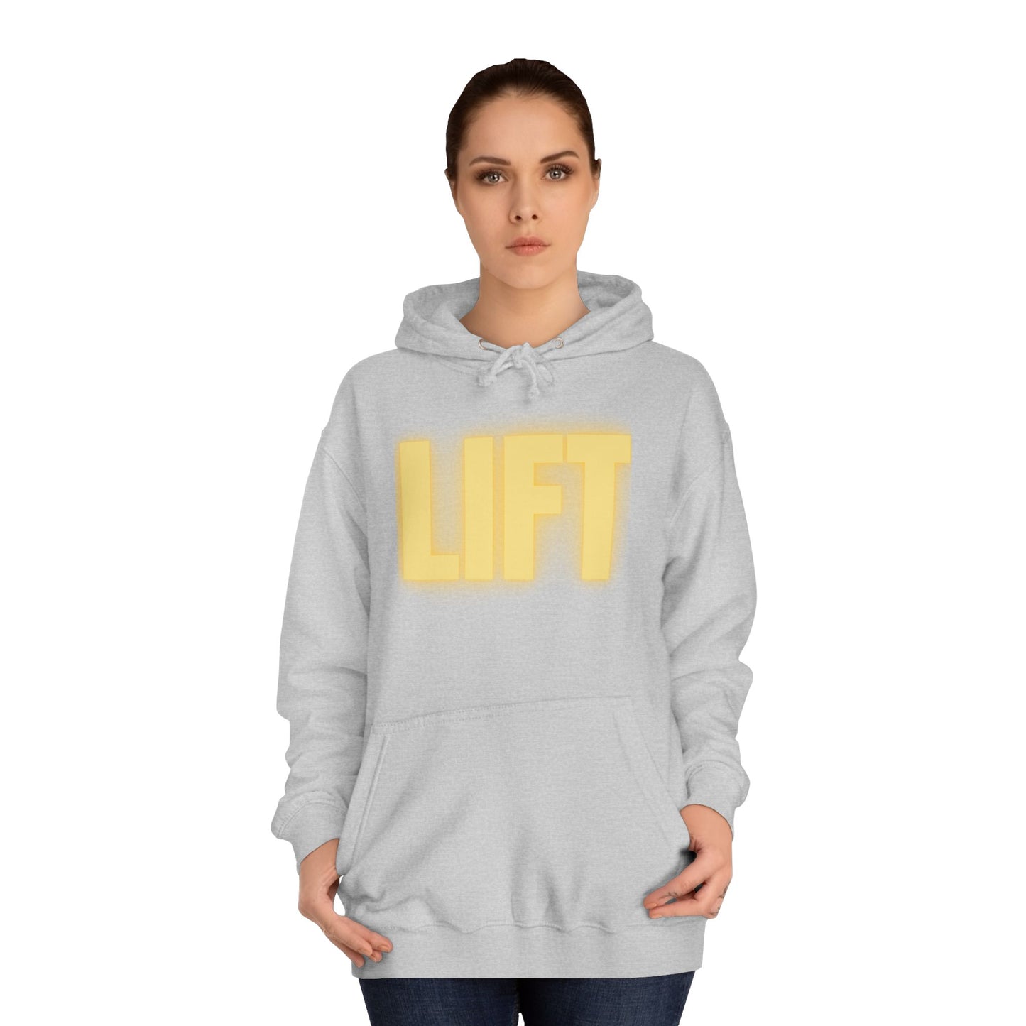 "Lift" Unisex Hoodie Yellow Text Glow by Dumbbells and Hotels