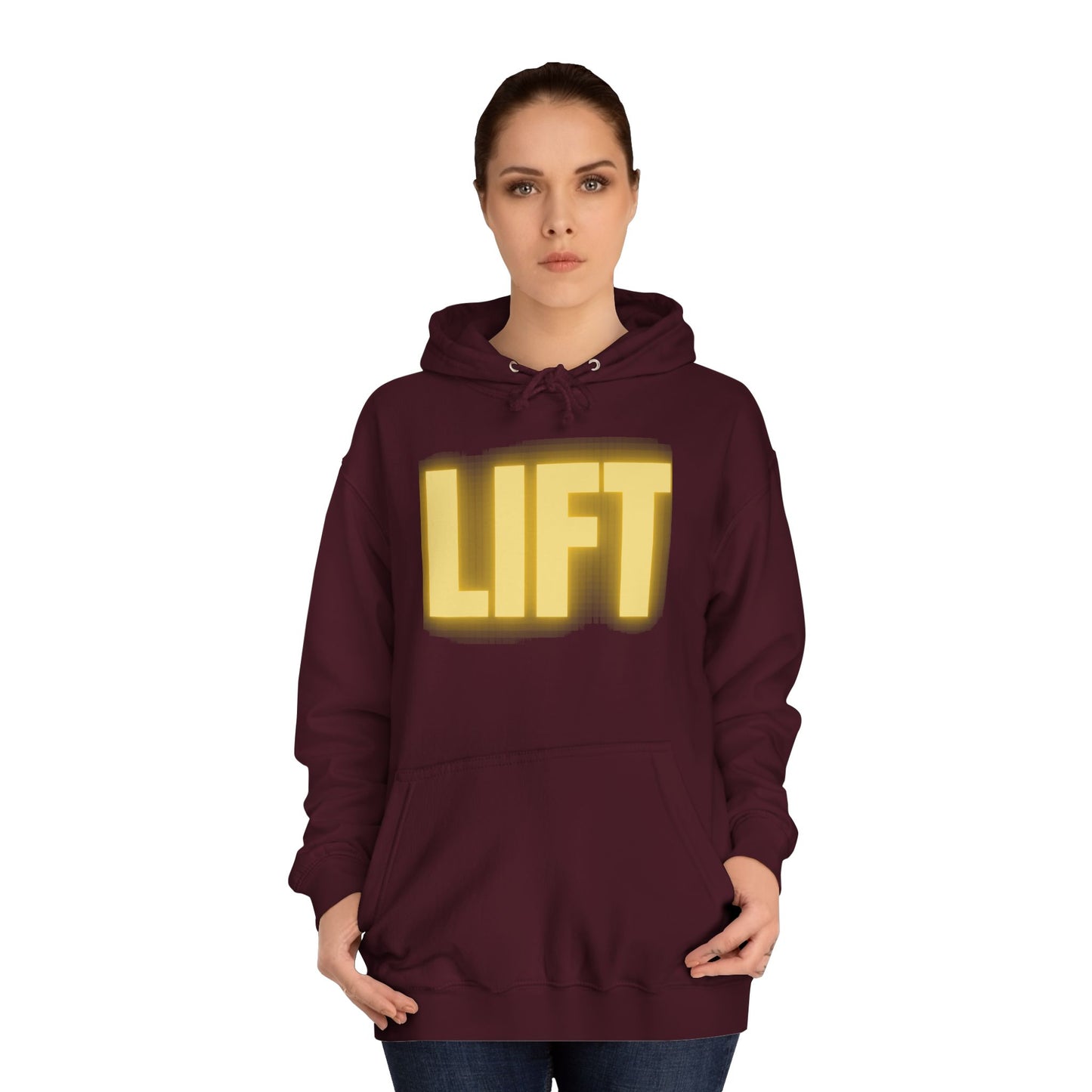 "Lift" Unisex Hoodie Yellow Text Glow by Dumbbells and Hotels