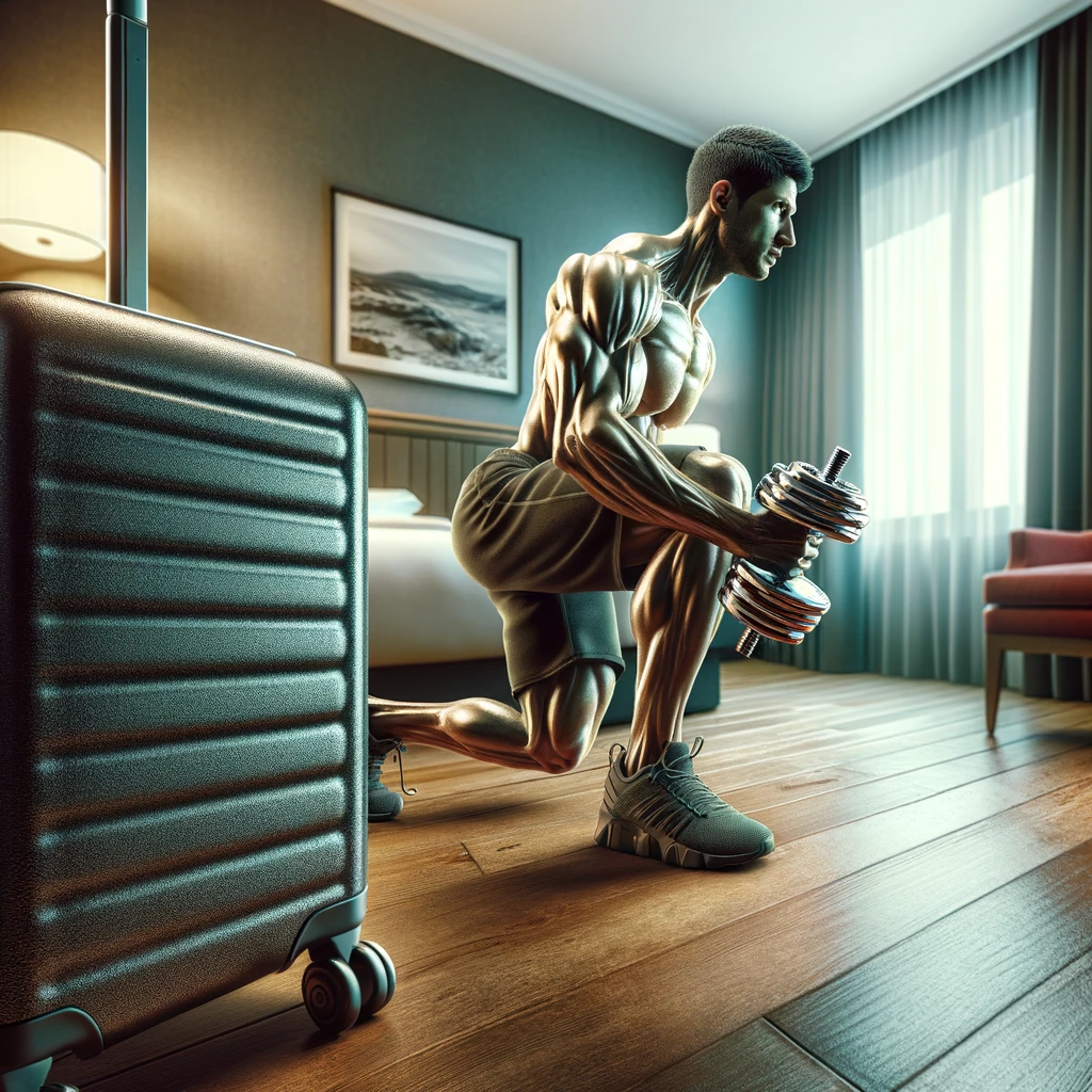 Muscular person performing lunges with a dumbbell in a hotel room next to a suitcase.