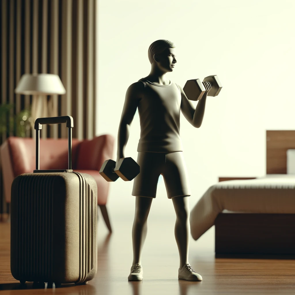Person lifting dumbbells in a hotel room with a suitcase nearby.