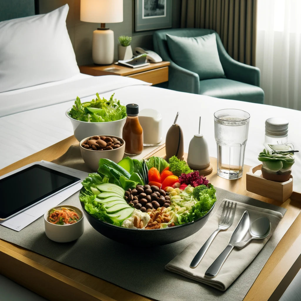 A nutritious meal, including a salad and protein bowl, served on a hotel room table, ideal for travel nurses, flight attendants, and pilots to maintain diet goals while traveling.