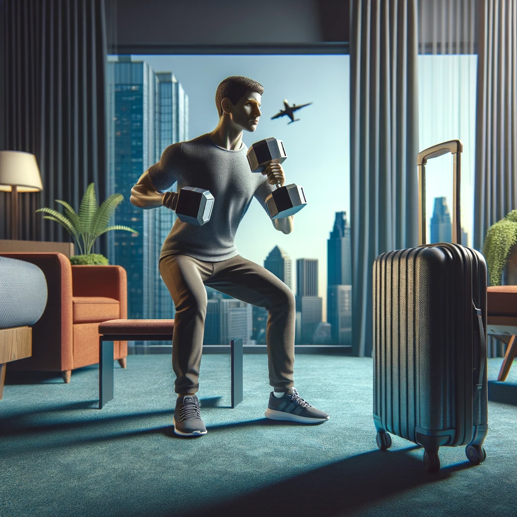 Individual doing dumbbell squats in a hotel room with a city view and a suitcase.