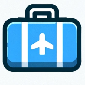 Blue suitcase icon with an airplane symbol, representing fitness and exercise workout plans for travelers.