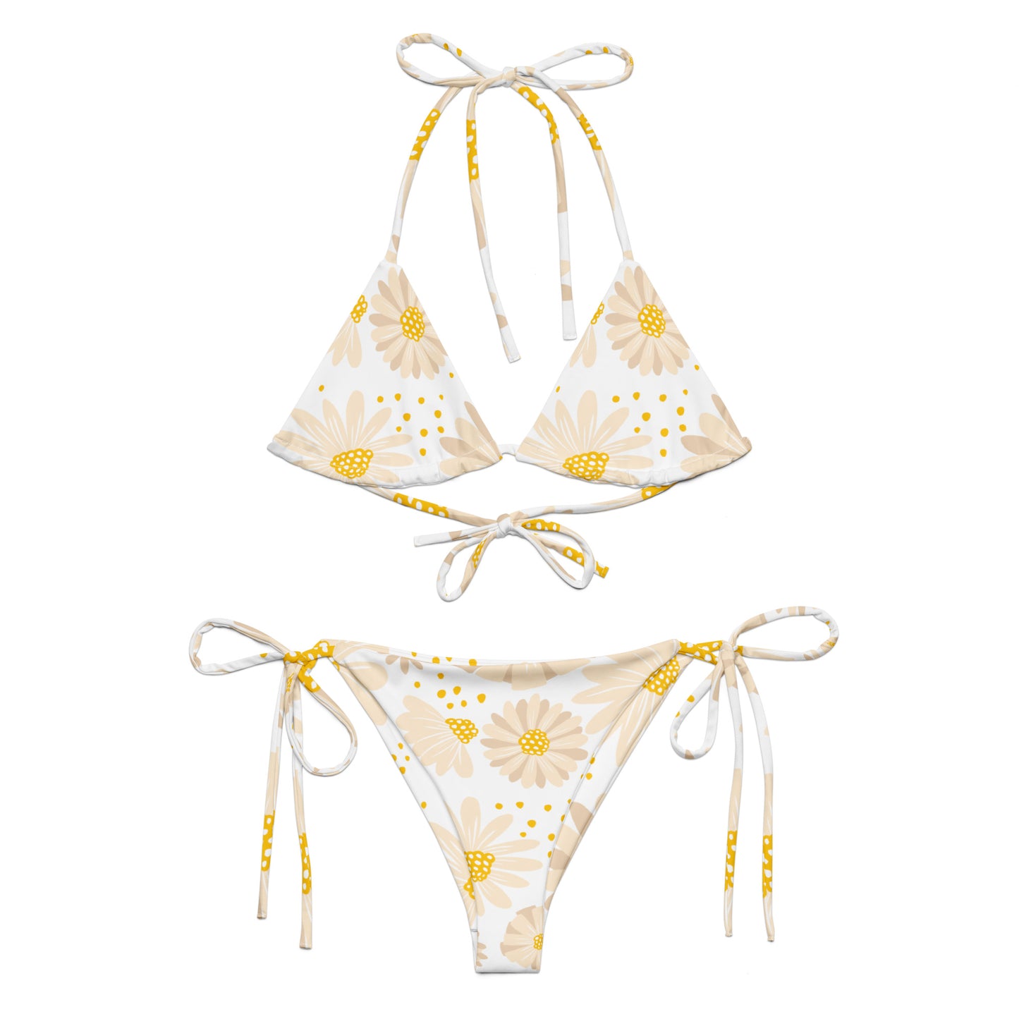 White with Daisies Pattern String Bikini by Dumbbells and Hotels