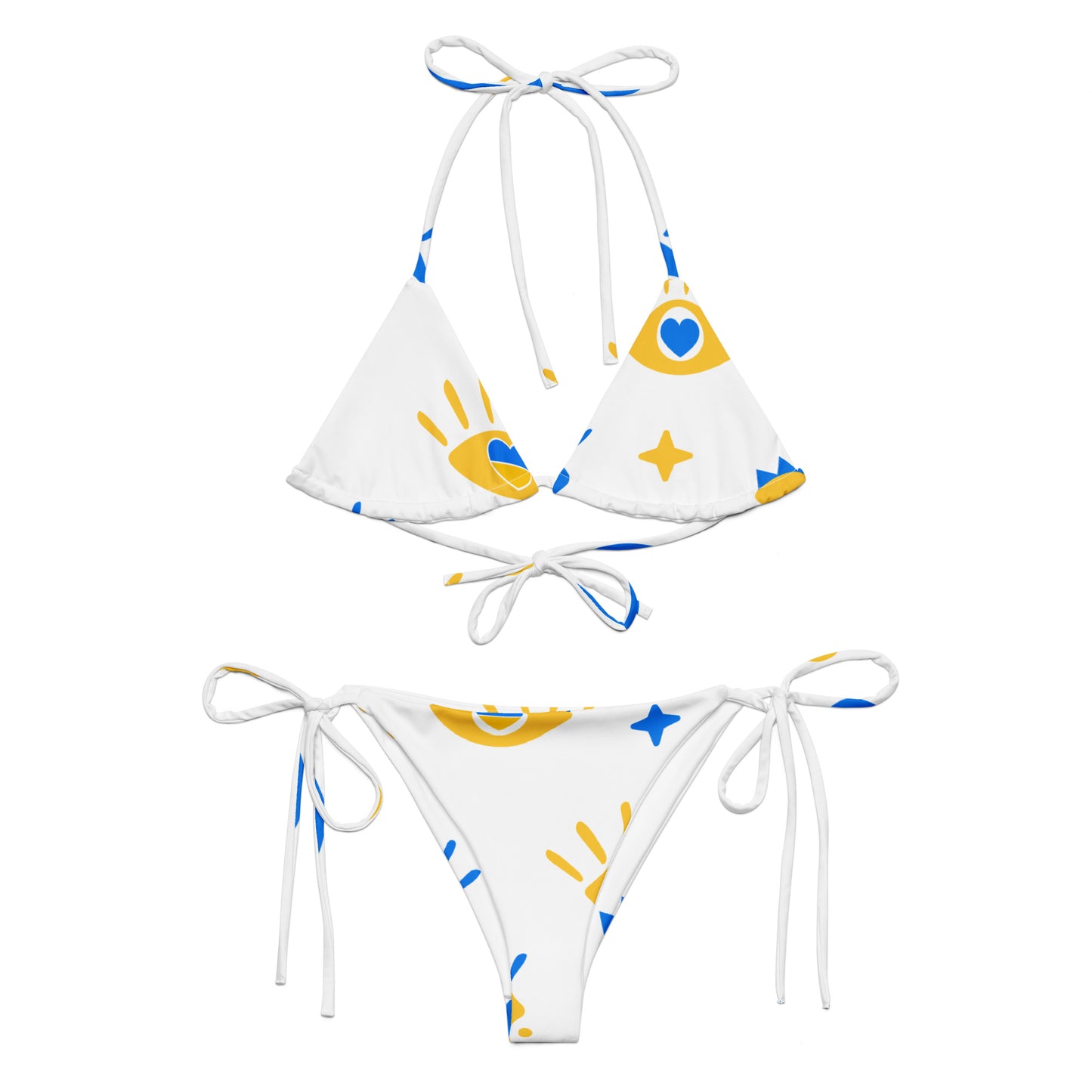 White, Blue, & Yellow Pattern String Bikini by Dumbbells and Hotels