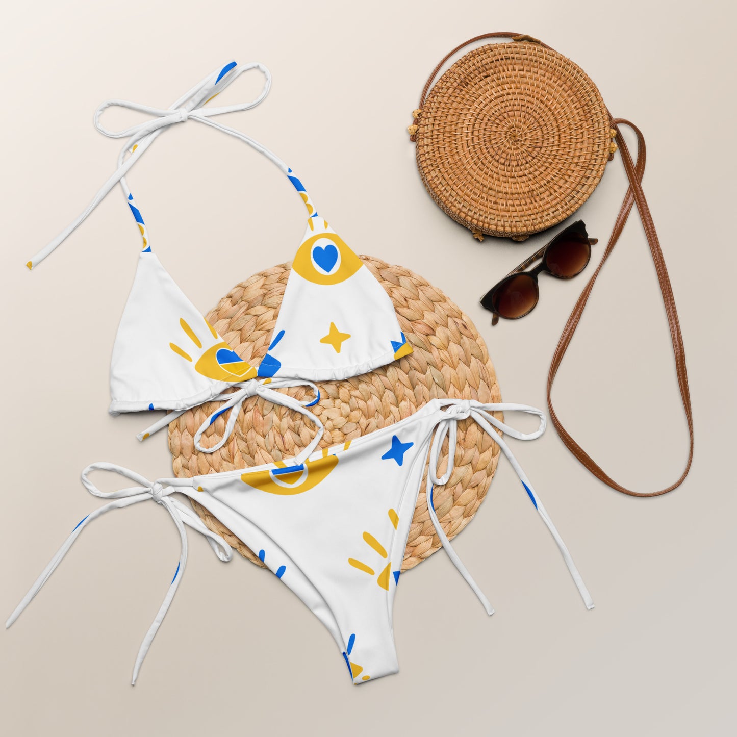 White, Blue, & Yellow Pattern String Bikini by Dumbbells and Hotels