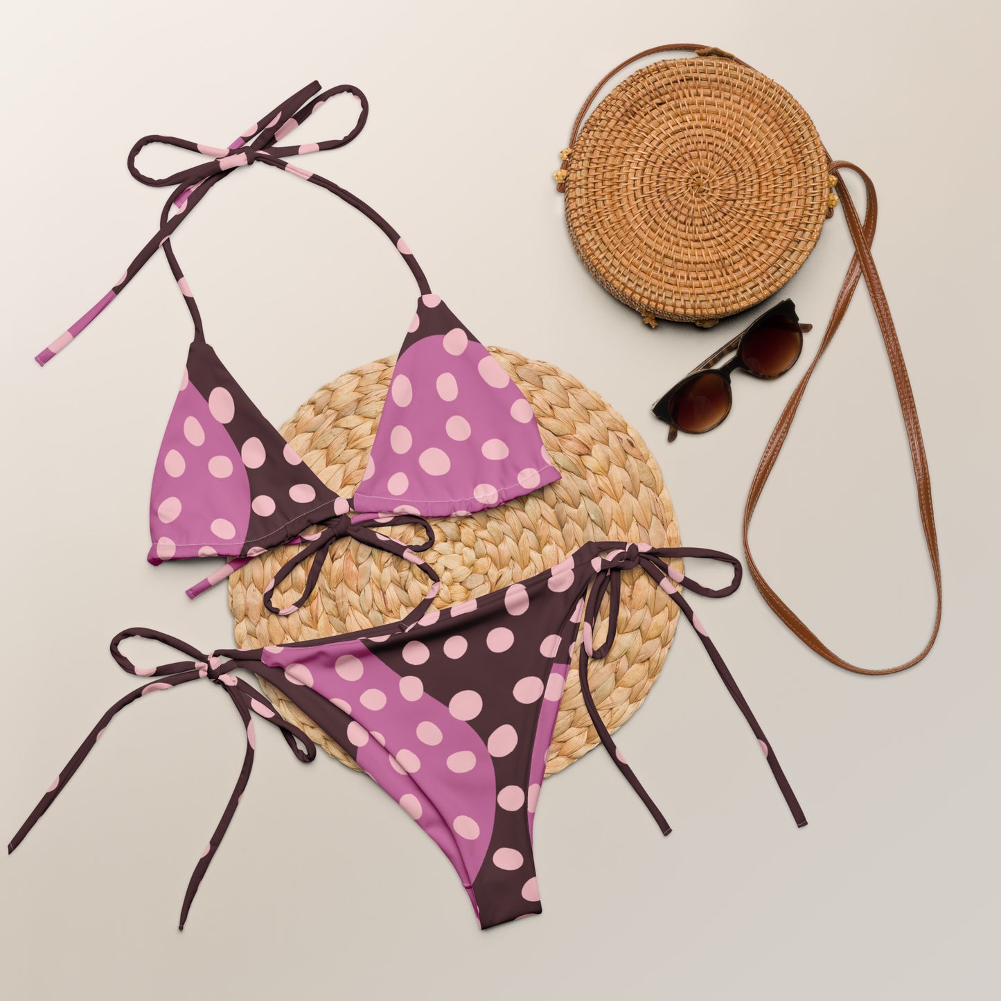 Purple with Light Polka Dots Pattern String Bikini by Dumbbells and Hotels