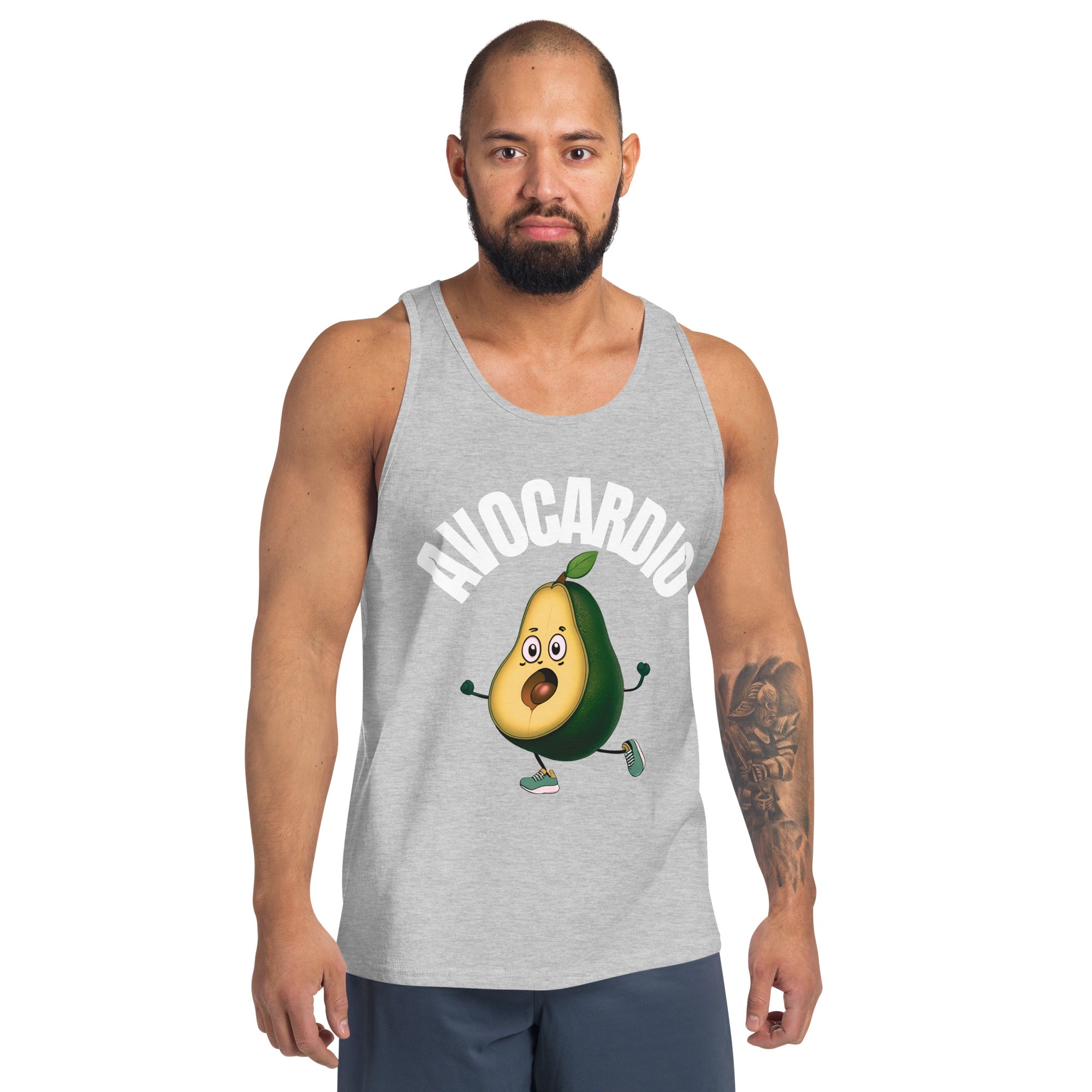 A man wearing a grey tank top with a playful "Avocardio" design featuring a running avocado, perfect for fitness enthusiasts who enjoy humor in their workout apparel.