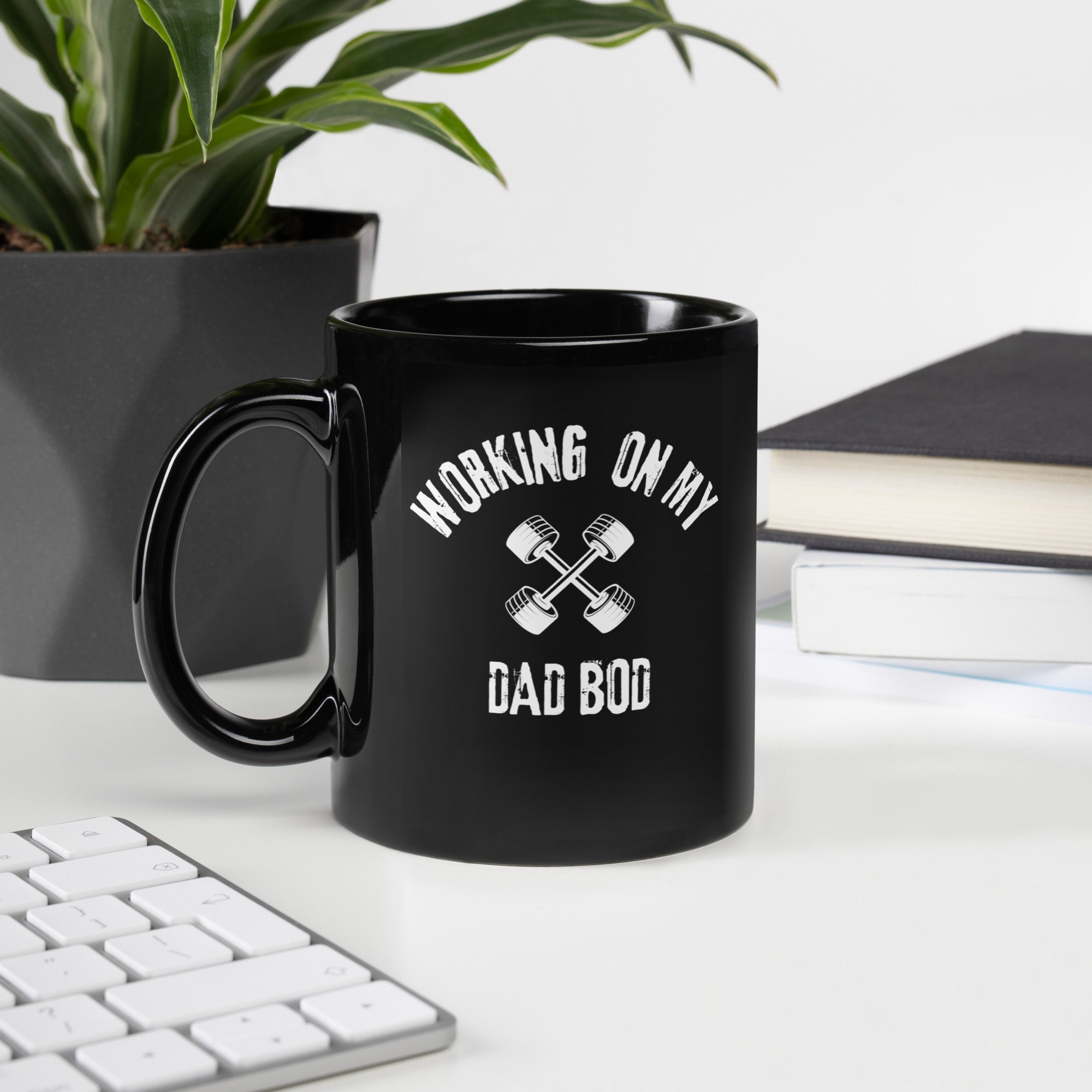 Working on my Dad Bod Black Glossy Coffee Mug by Dumbbells and Hotels