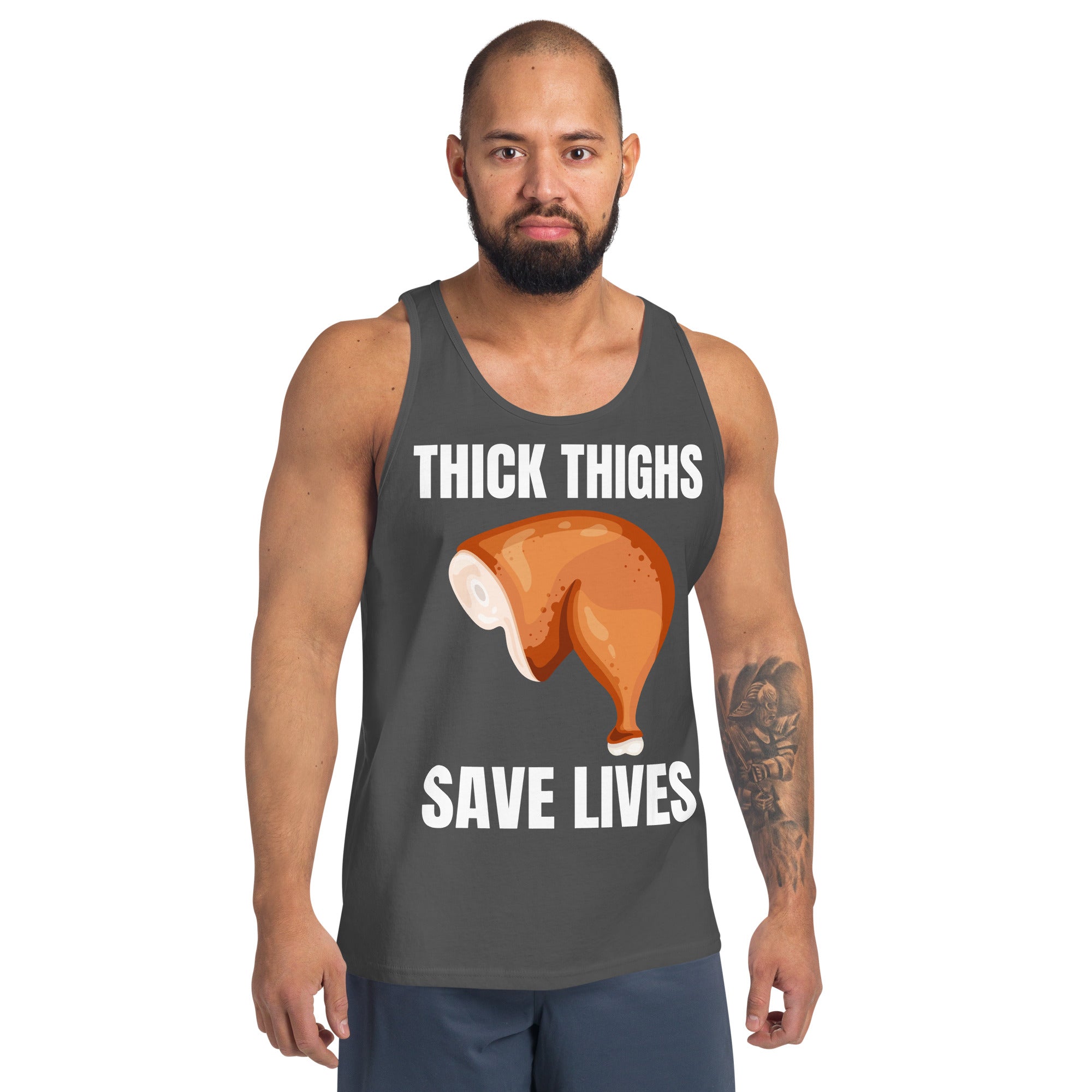 "Thick Thighs Save Lives" Men's Tank Top White Text Chicken Thigh by Dumbbells and Hotels