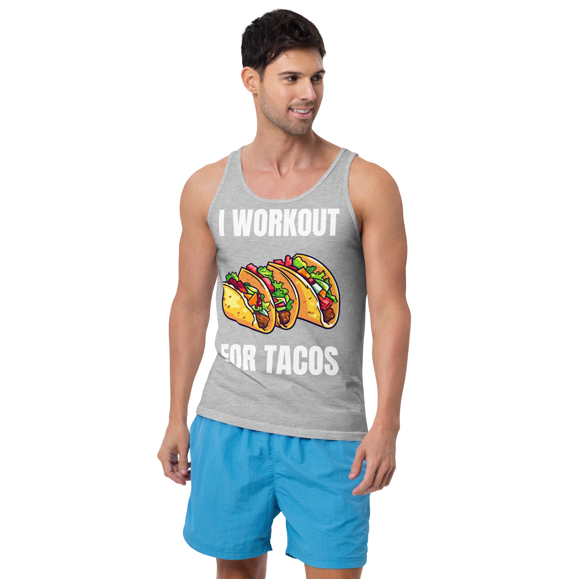 "I Workout for Tacos" Men's Tank Top White Text Three Tacos by Dumbbells and Hotels