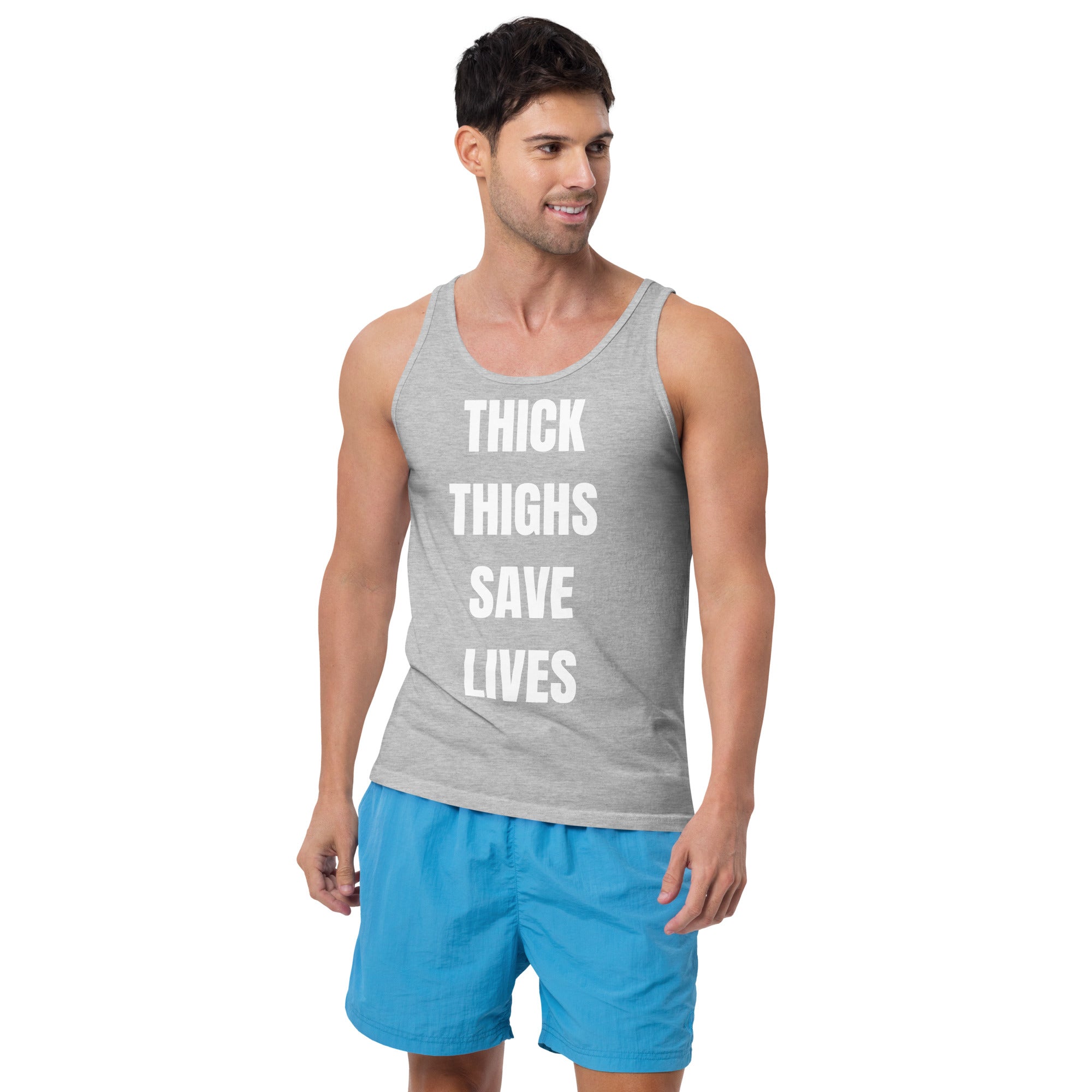 "Thick Thighs Save Lives" Men's Tank Top White Text by Dumbbells and Hotels