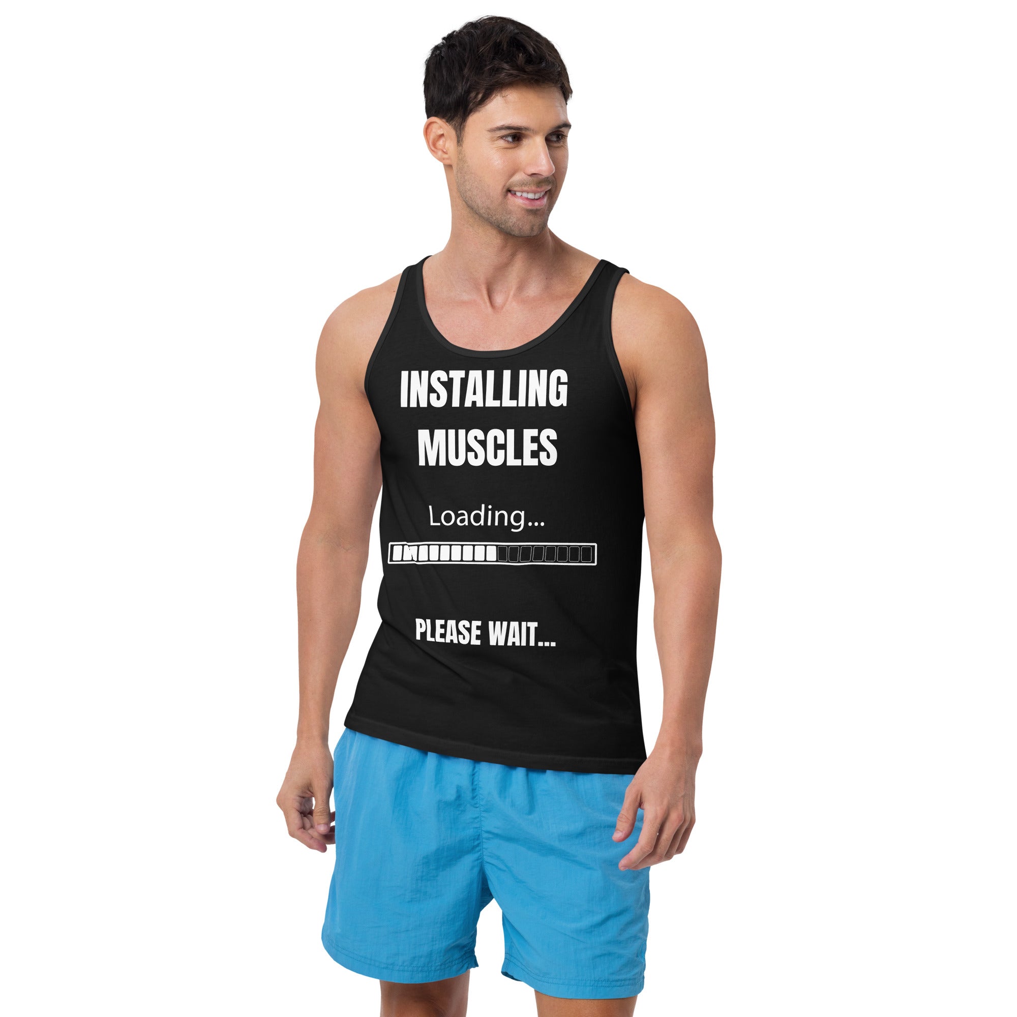 "Installing Muscles. Please Wait..." Men's Tank Top by Dumbbells and Hotels