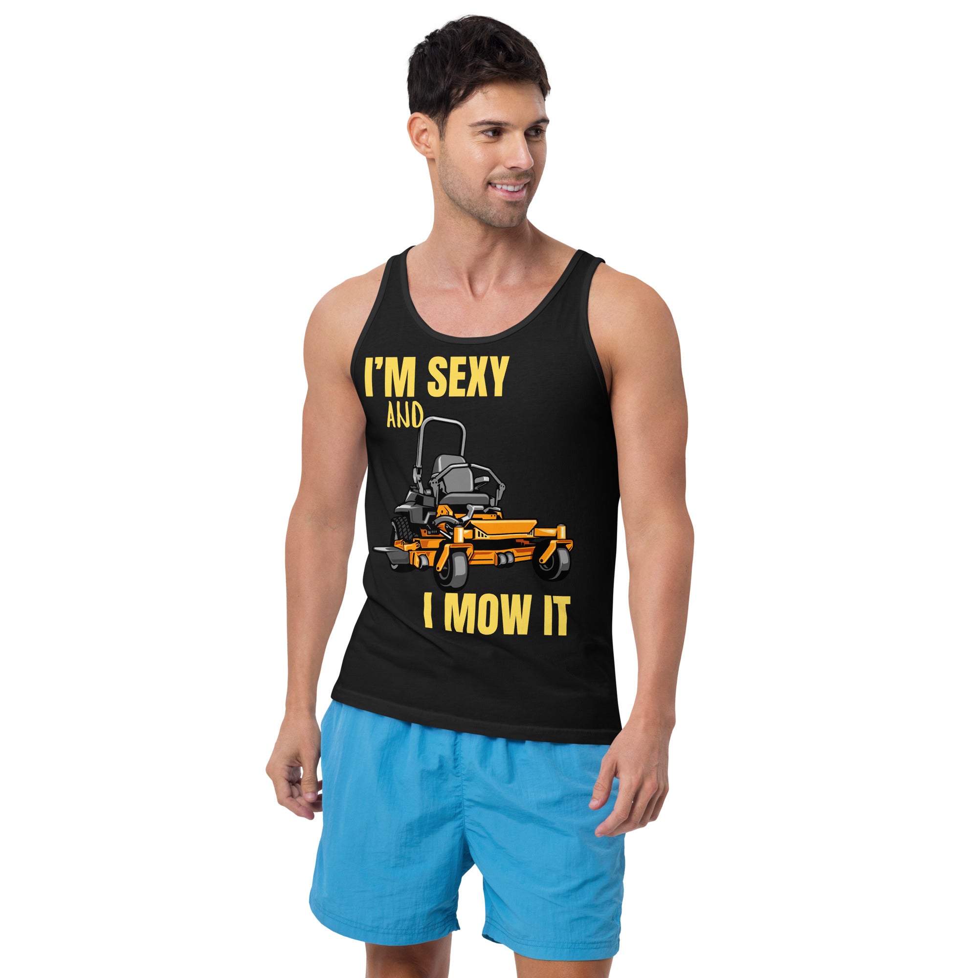 "I'm Sexy and I Mow it" Men's Tank Top Yellow Text Cartoon Mower by Dumbbells and Hotels