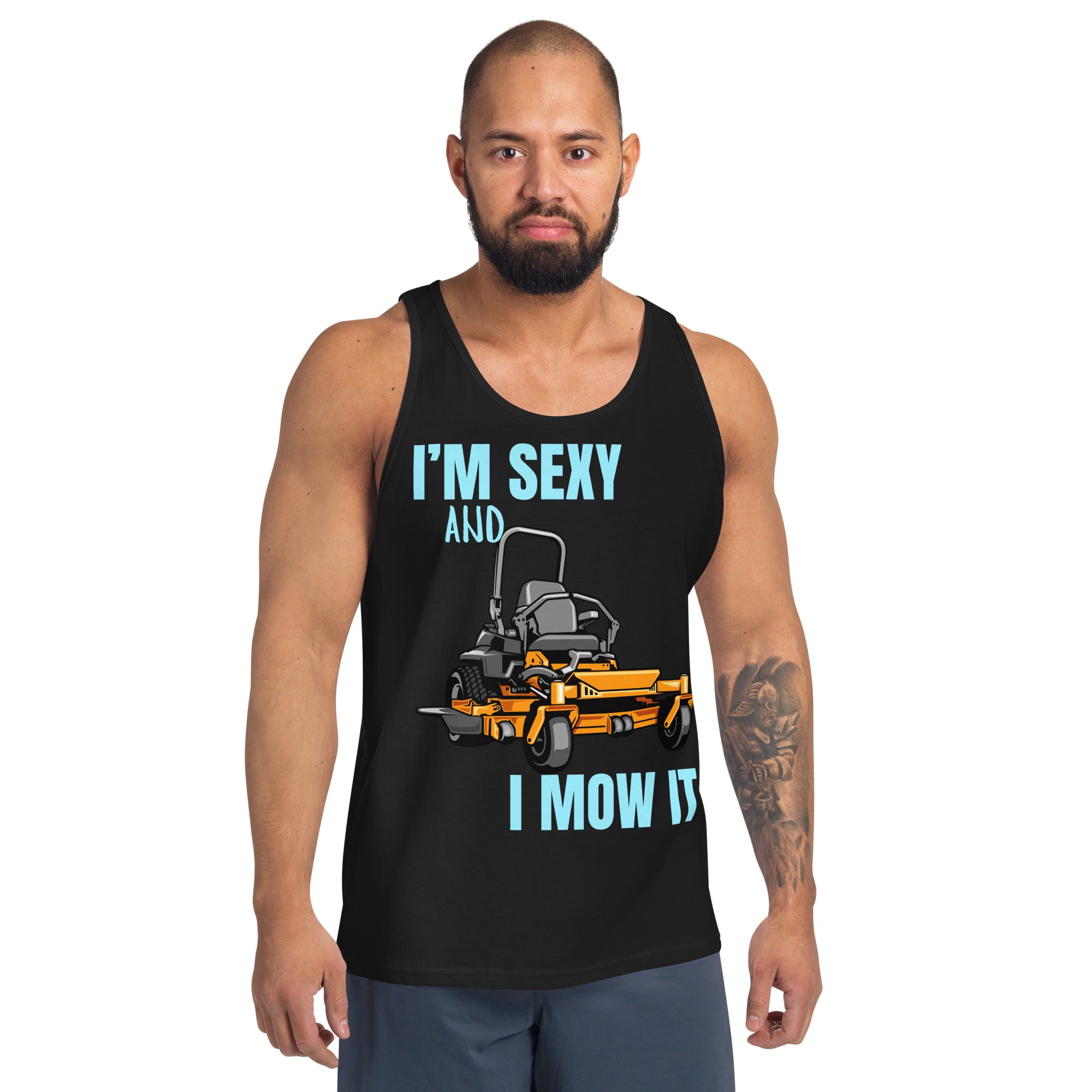 "I'm Sexy and I Mow it" Men's Tank Top Turquoise Text Cartoon Mower by Dumbbells and Hotels