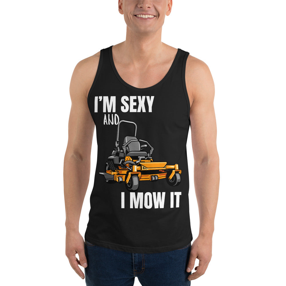 "I'm Sexy and I Mow it" Men's Tank Top White Text Cartoon Mower by Dumbbells and Hotels