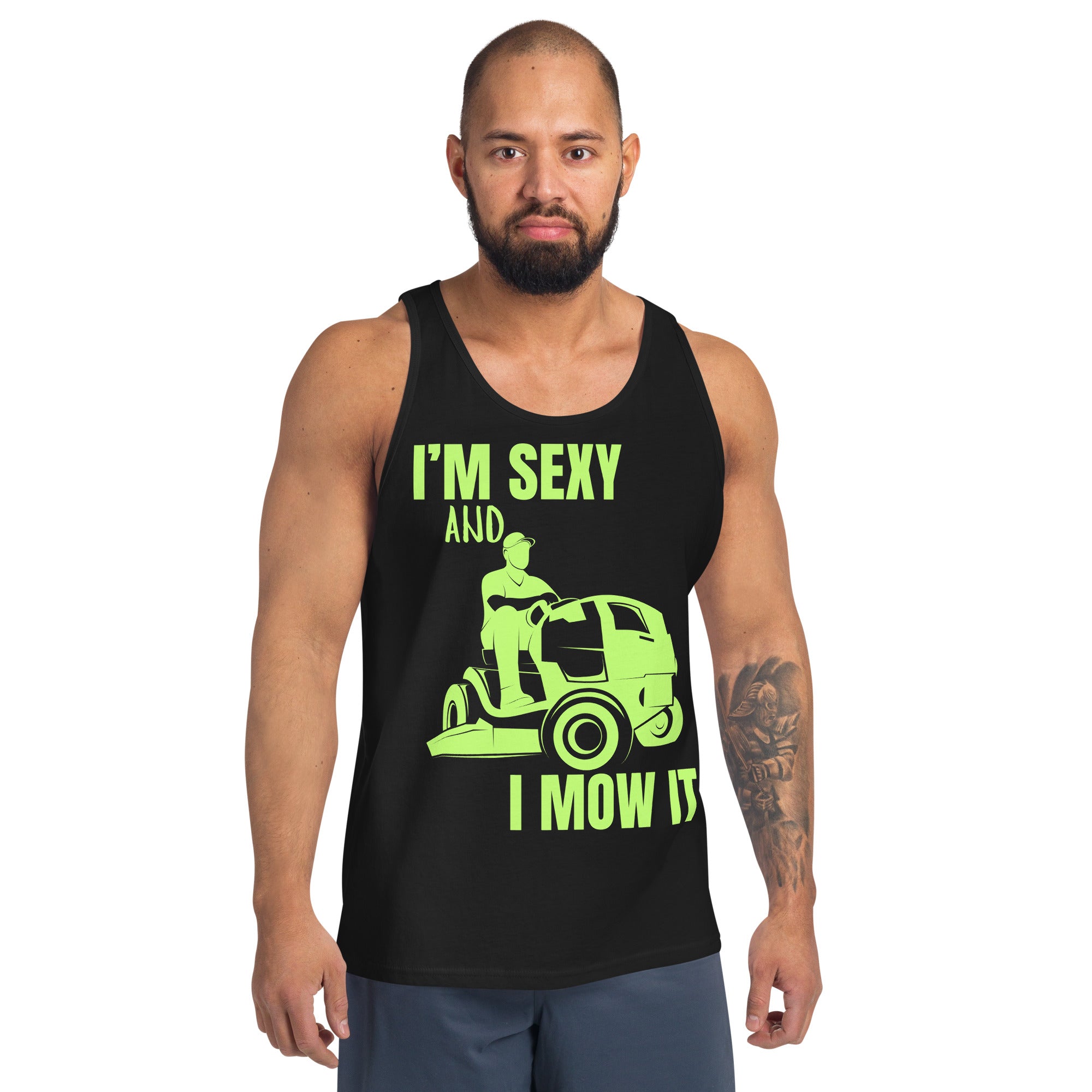 "I'm Sexy and I Mow it" Men's Tank Top Green Text Subdued Mower by Dumbbells and Hotels