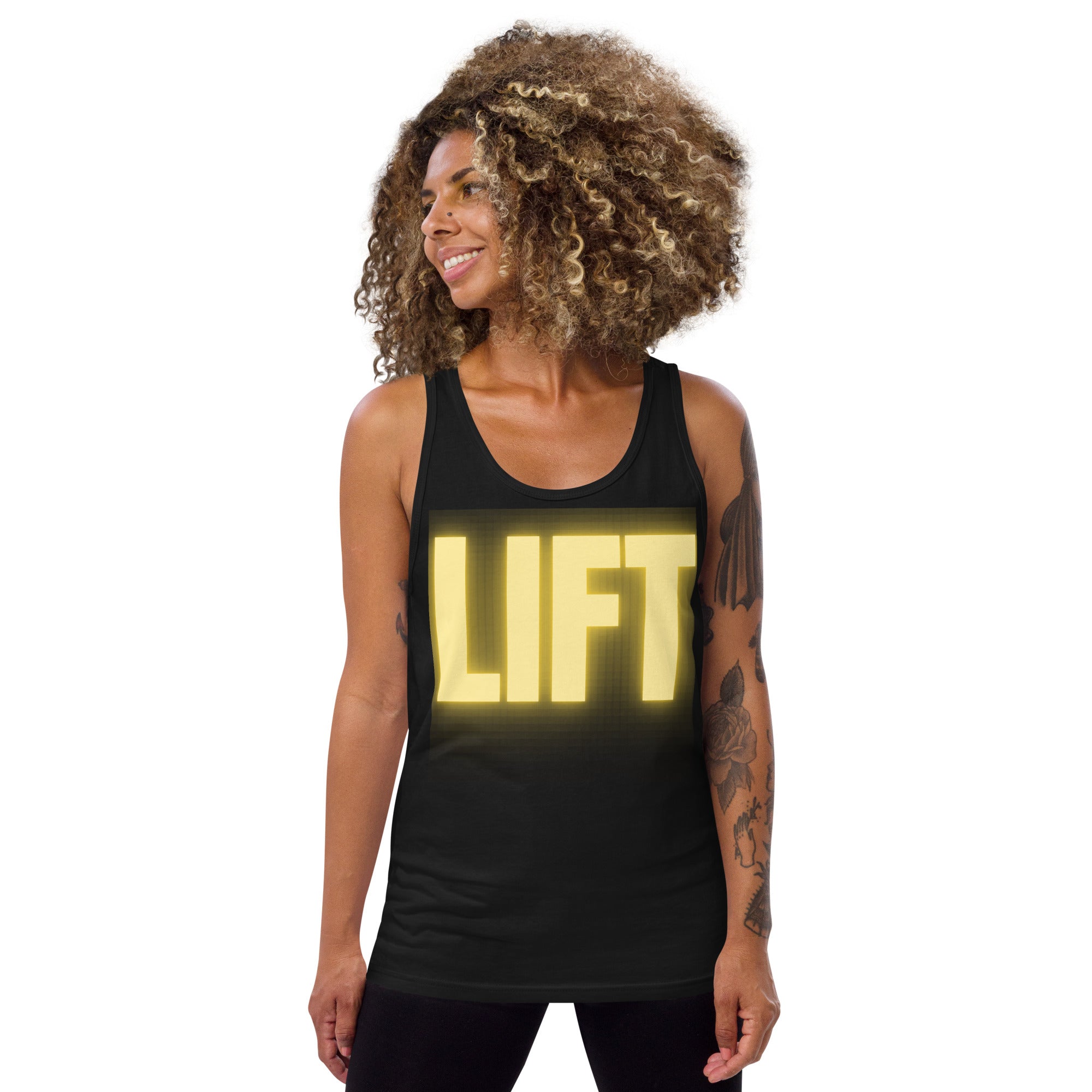 "Lift" Men's Tank Top Yellow Text Glow by Dumbbells and Hotels