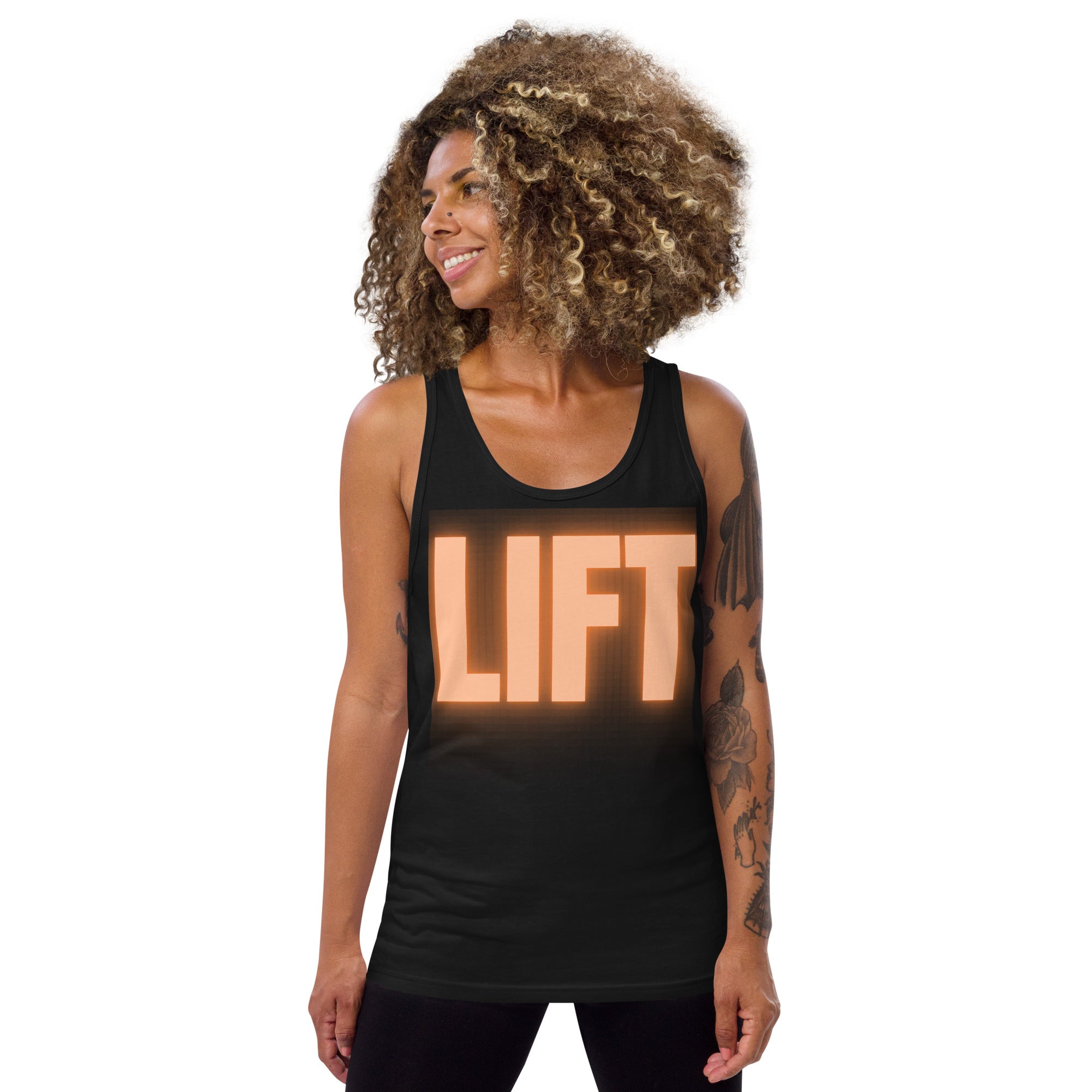 "Lift" Men's Tank Top Orange Text Glow by Dumbbells and Hotels