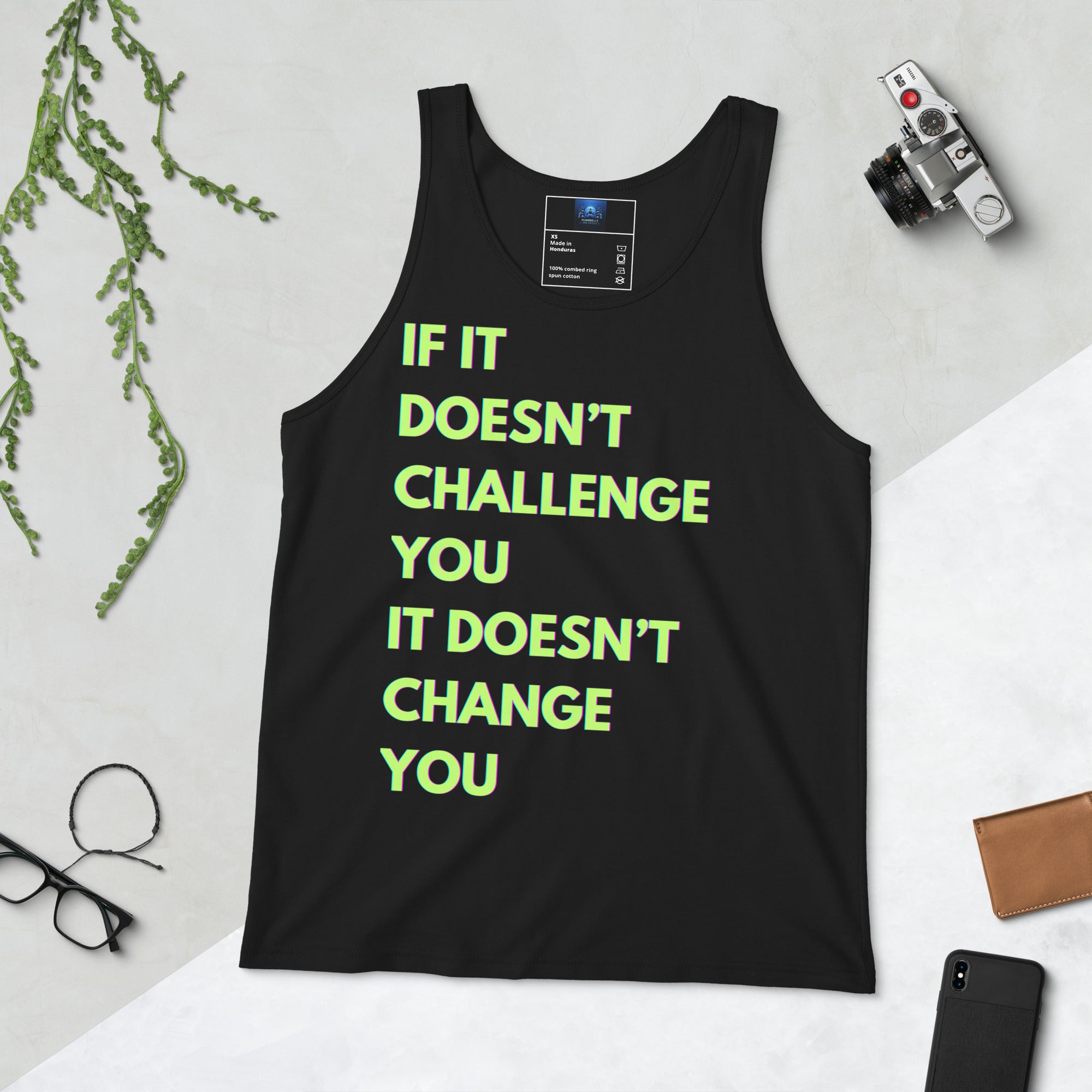 "If it Doesn't Challenge You, It Doesn't Change You" Men's Tank Top Green Text Glitch by Dumbbells and Hotels