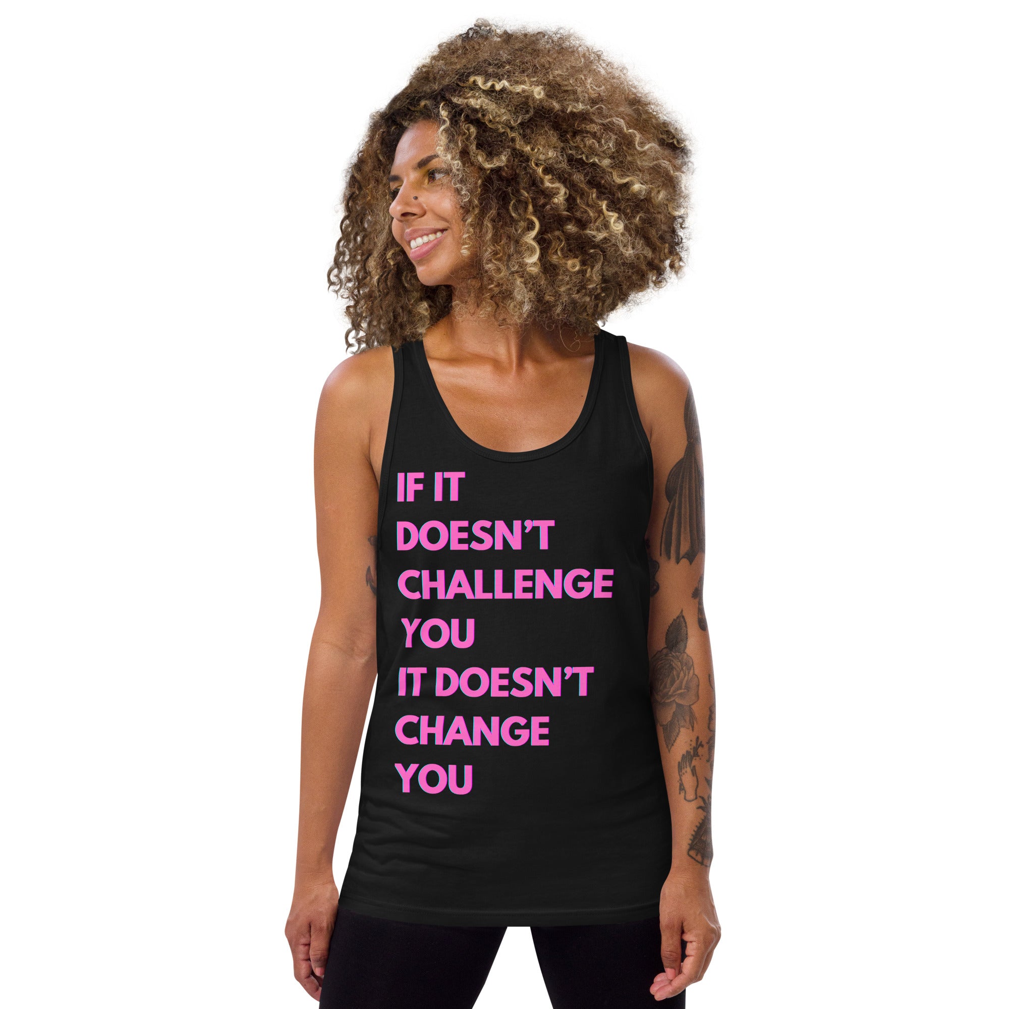 "If it Doesn't Challenge You, It Doesn't Change You" Men's Tank Top Pink Text Glitch by Dumbbells and Hotels