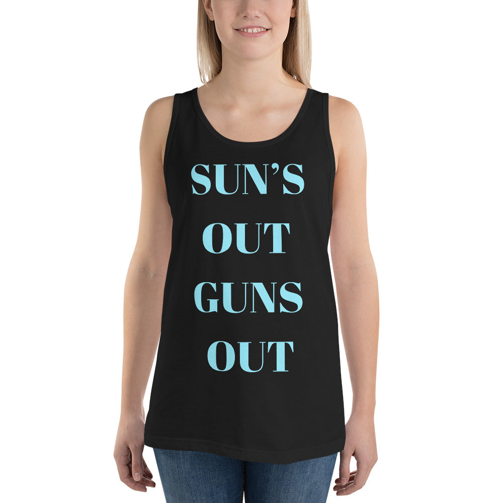 "Sun's Out, Guns Out" Men's Tank Top Turquoise Text Glitch by Dumbbells and Hotels