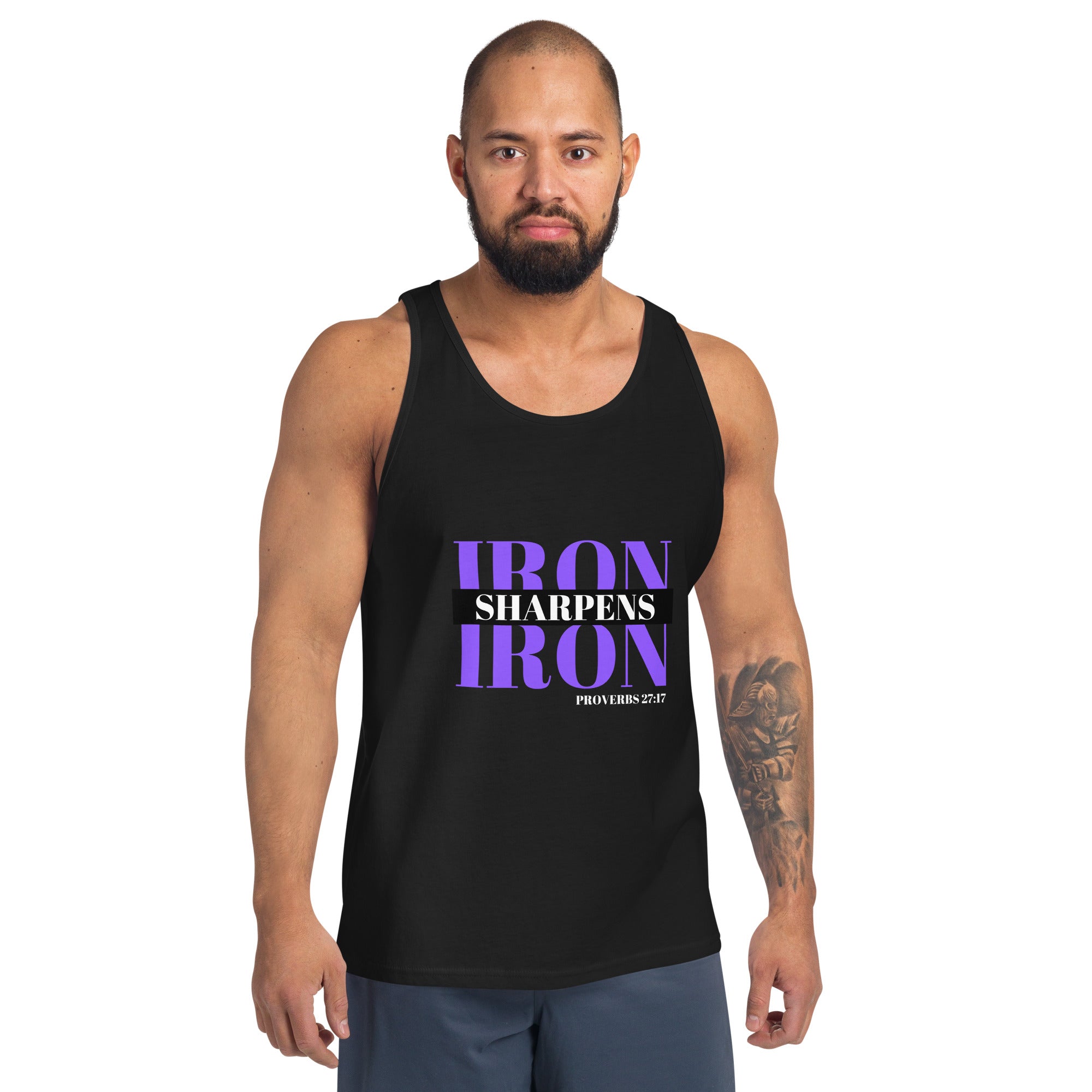 "Iron Sharpens Iron. Proverbs 27:17" Men's Tank Top Purple Text Stack by Dumbbells and Hotels