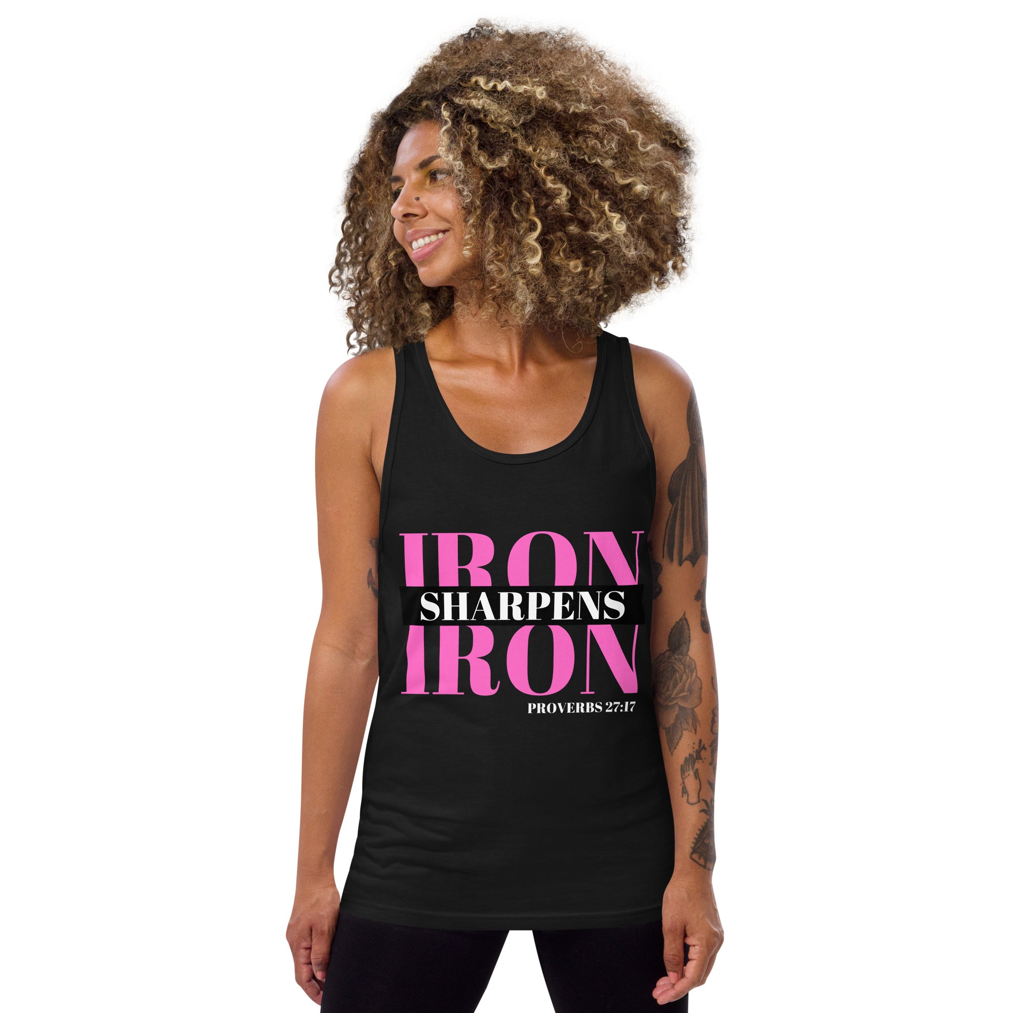 "Iron Sharpens Iron. Proverbs 27:17" Men's Tank Top Pink Text Stack by Dumbbells and Hotels