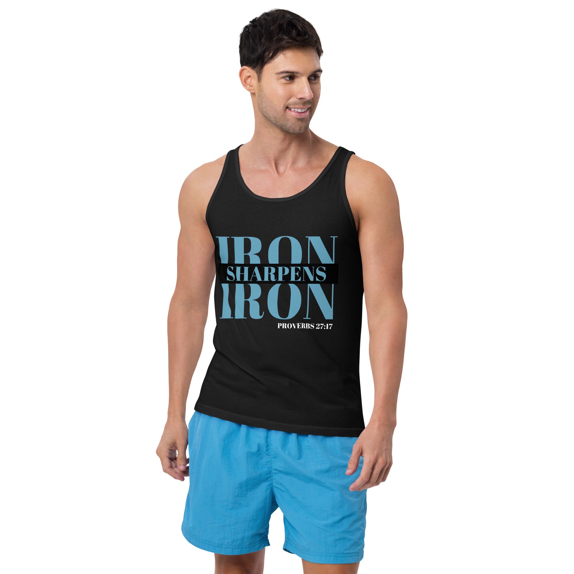 "Iron Sharpens Iron. Proverbs 27:17" Men's Tank Top Turquoise Text Stack by Dumbbells and Hotels