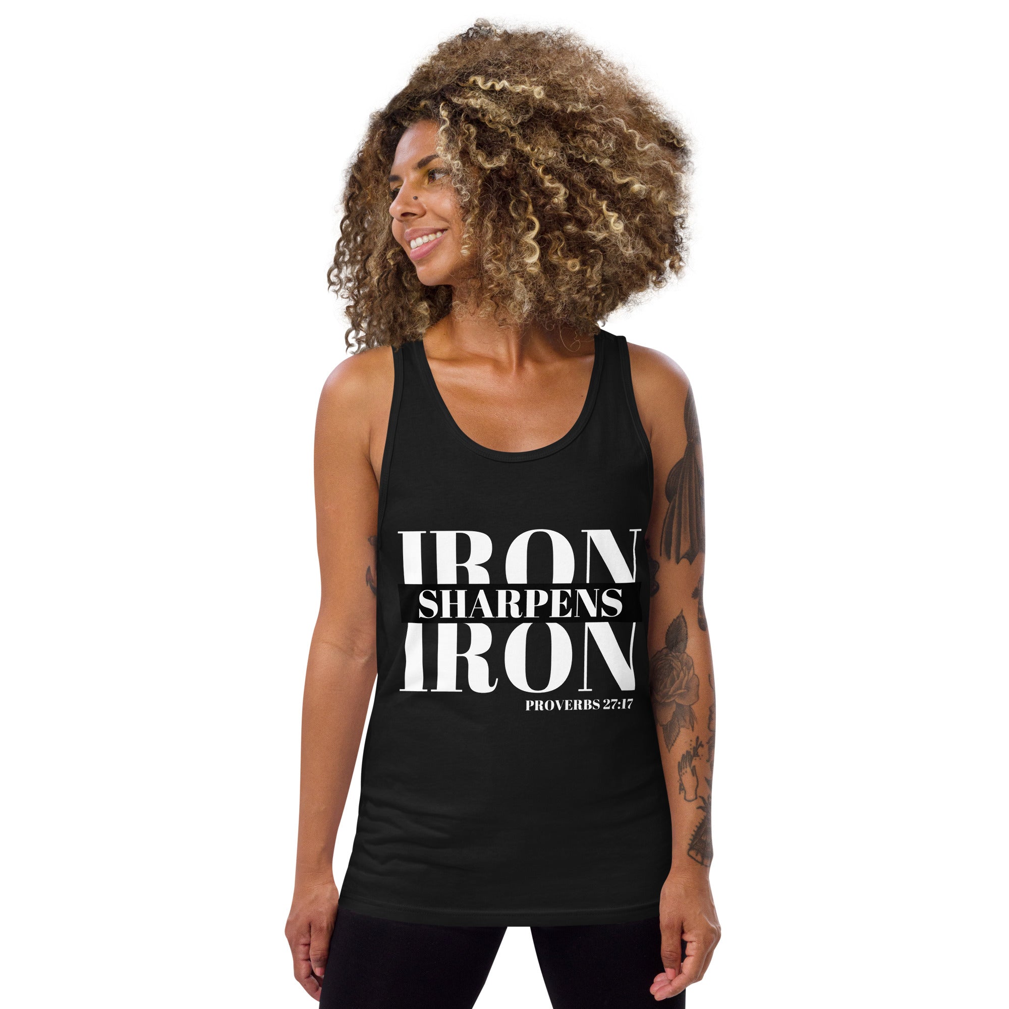 "Iron Sharpens Iron. Proverbs 27:17" Men's Tank Top White Text Stack by Dumbbells and Hotels