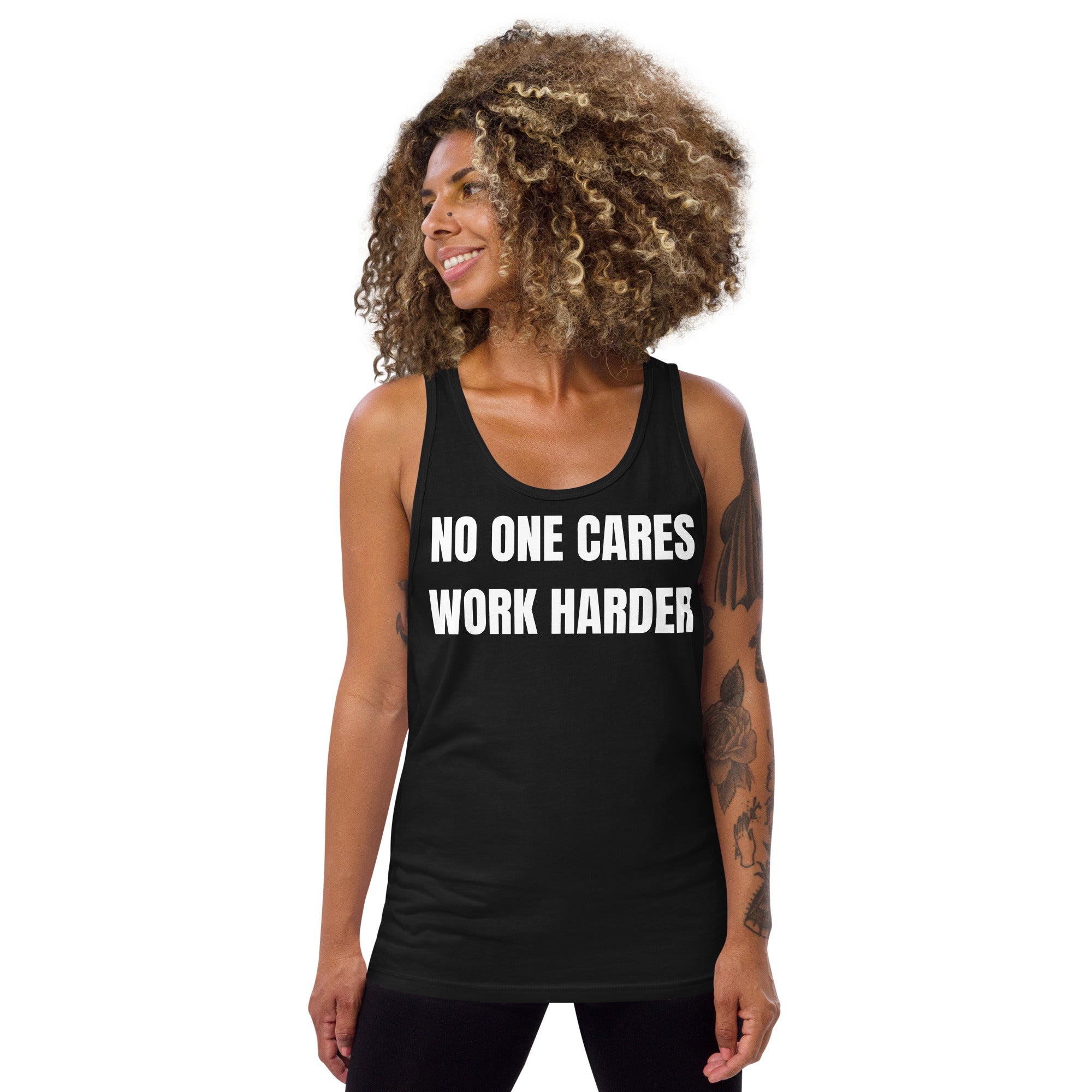 "No One Cares. Work Harder" Men's Tank Top White Text Impact by Dumbbells and Hotels